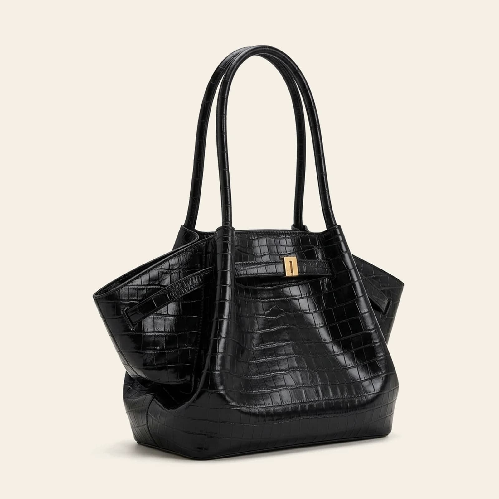 Amalfi Dumpling Bag Large — Black Croc, view 1