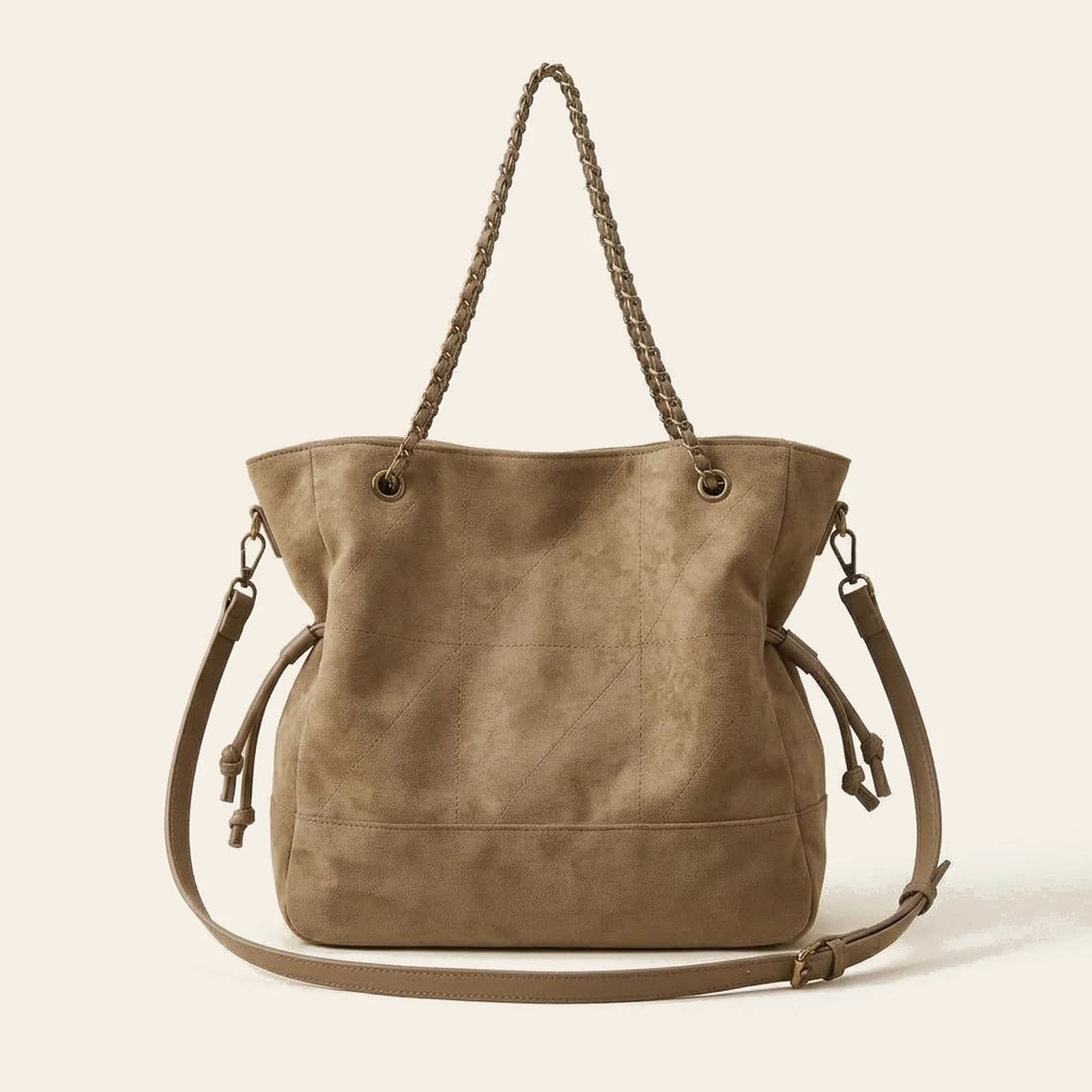 Marlow Suede Chain Tote — Khaki, view 2