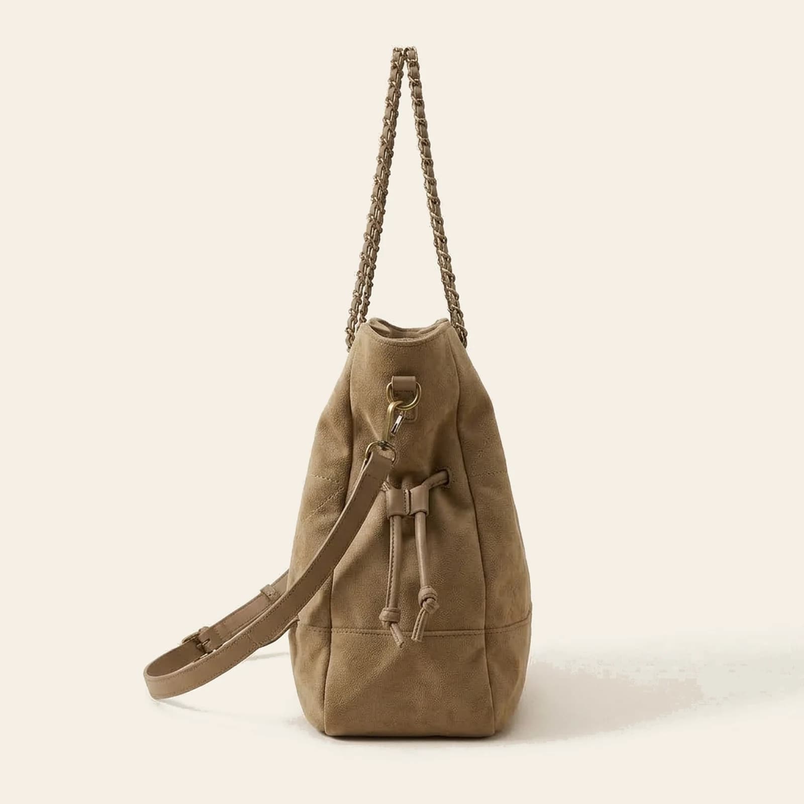 Marlow Suede Chain Tote — Khaki, view 3