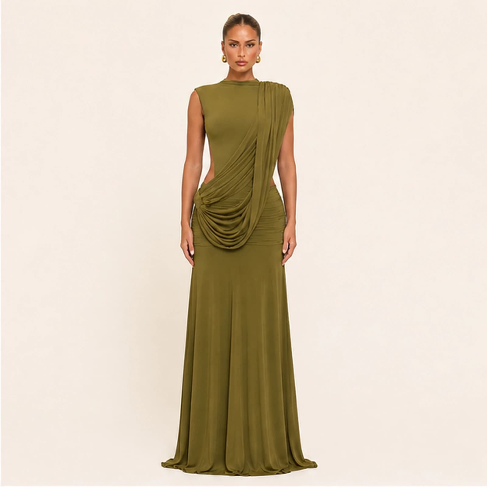Adele Olive Draped Open-Back Maxi Dress