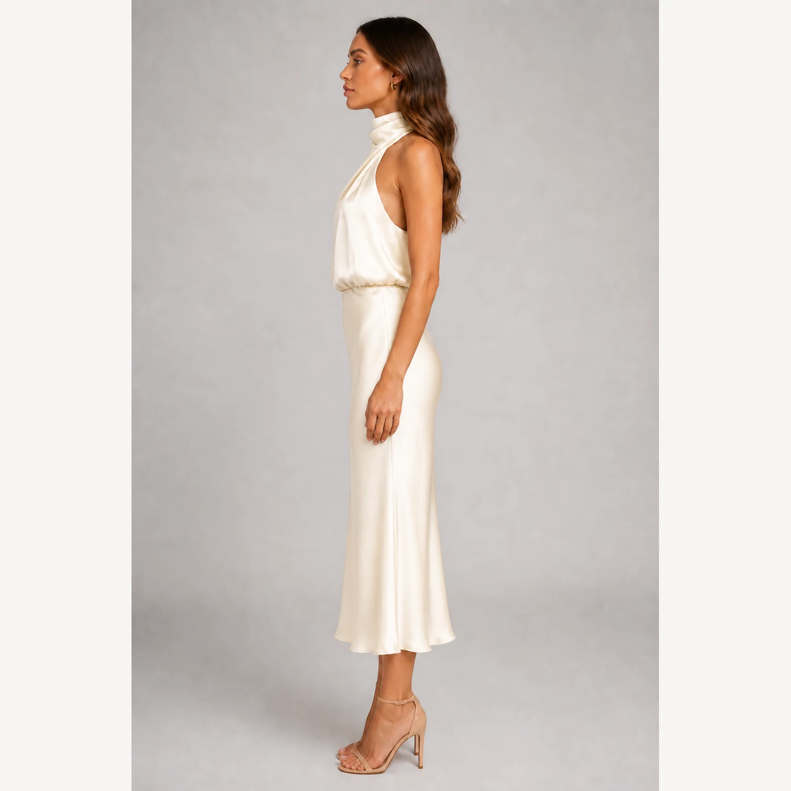 Alessa Milky Halter Midi Dress, view 3