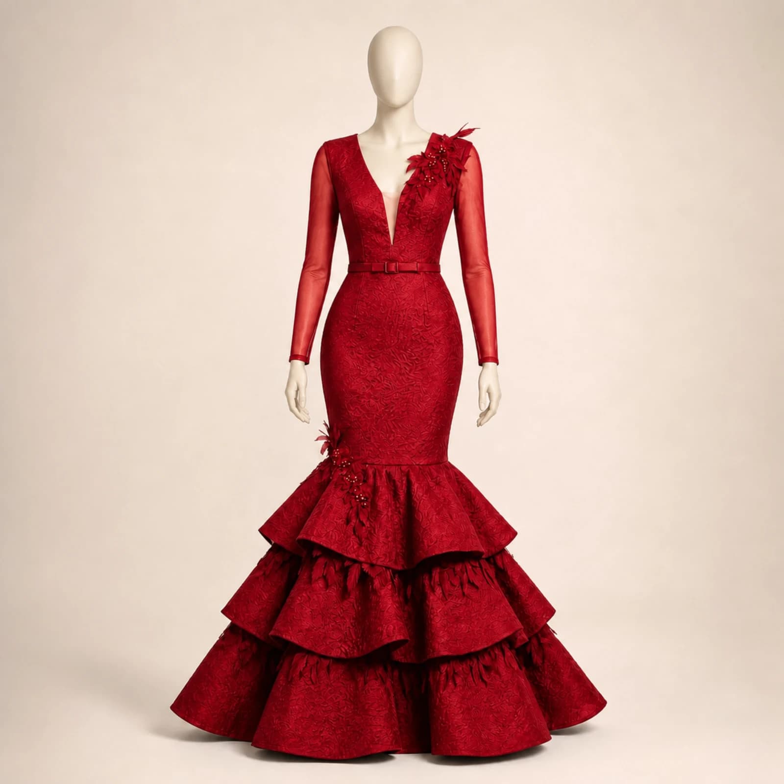 Alessandra Red Tiered Mermaid Gown, view 1