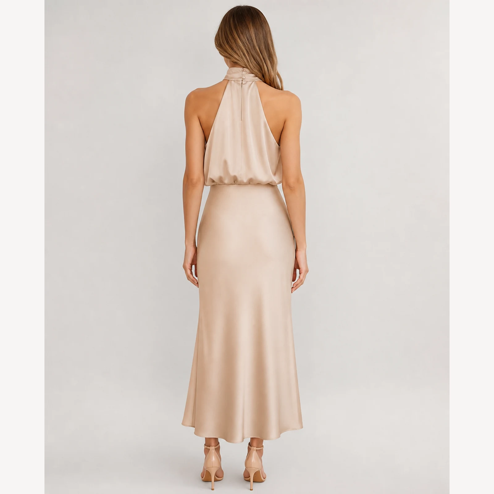 Amara Apricot Satin Midi Dress, view 2