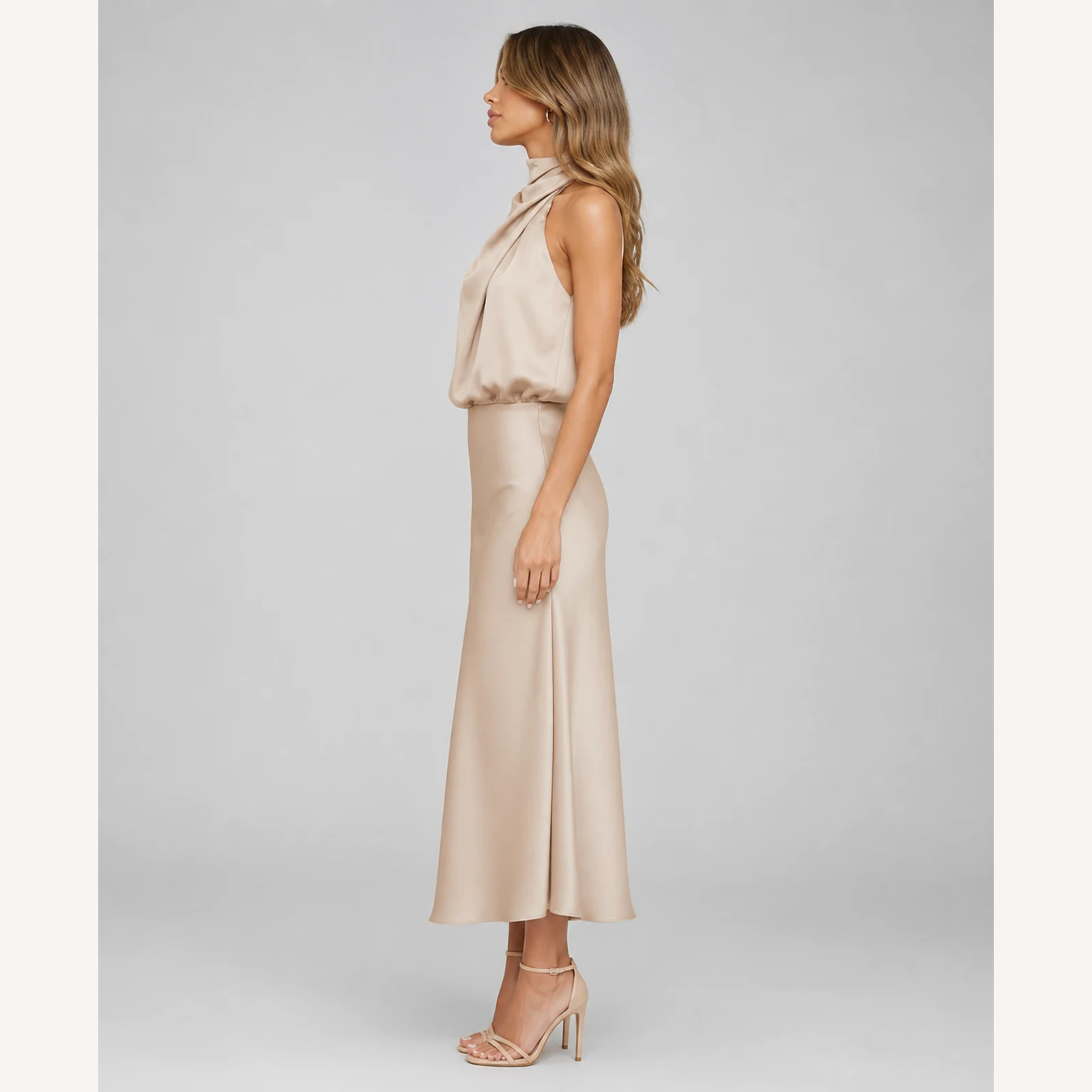 Amara Apricot Satin Midi Dress, view 3