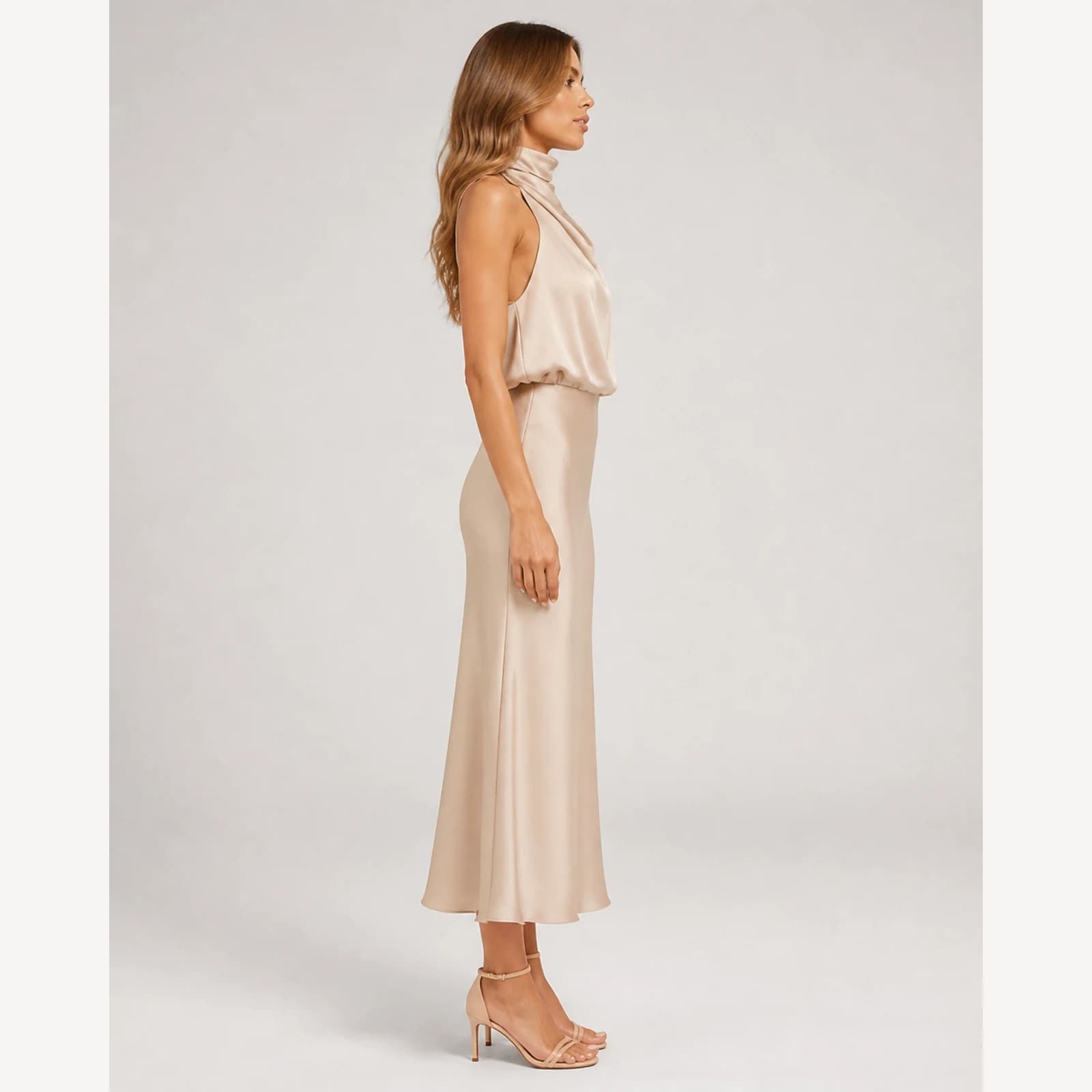 Amara Apricot Satin Midi Dress, view 4