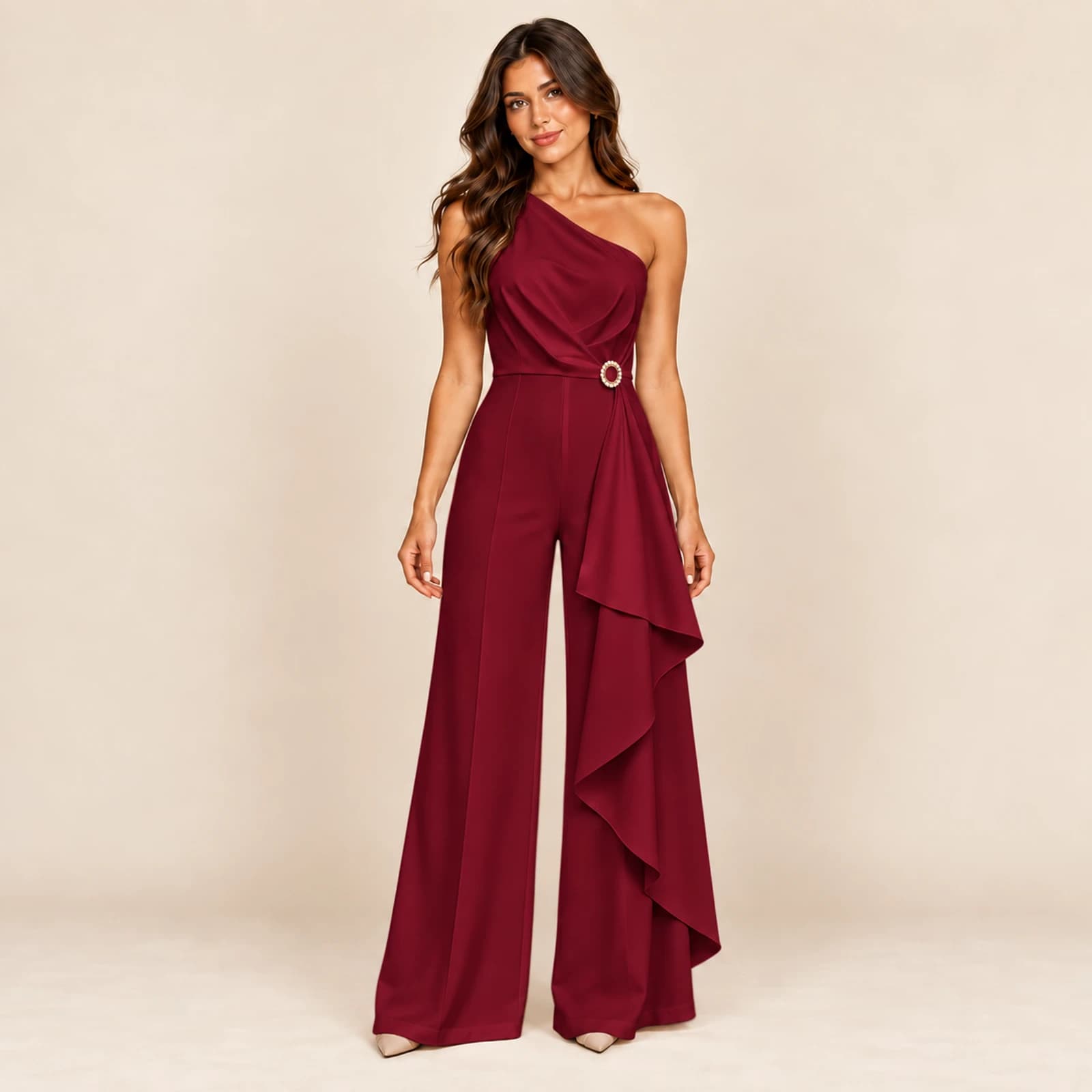 Aurelle Ruffle Jumpsuit — Burgundy, view 1