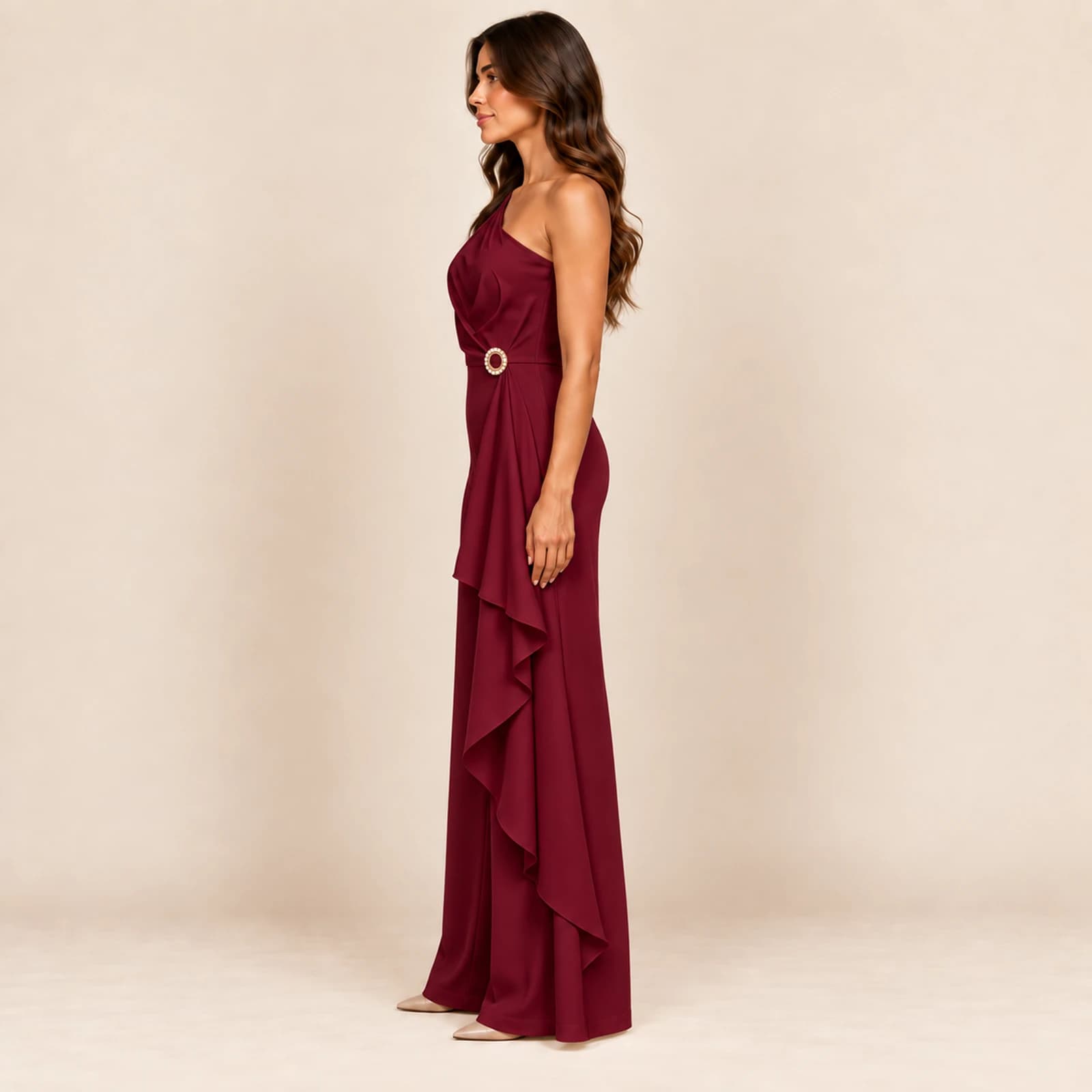Aurelle Ruffle Jumpsuit — Burgundy, view 3