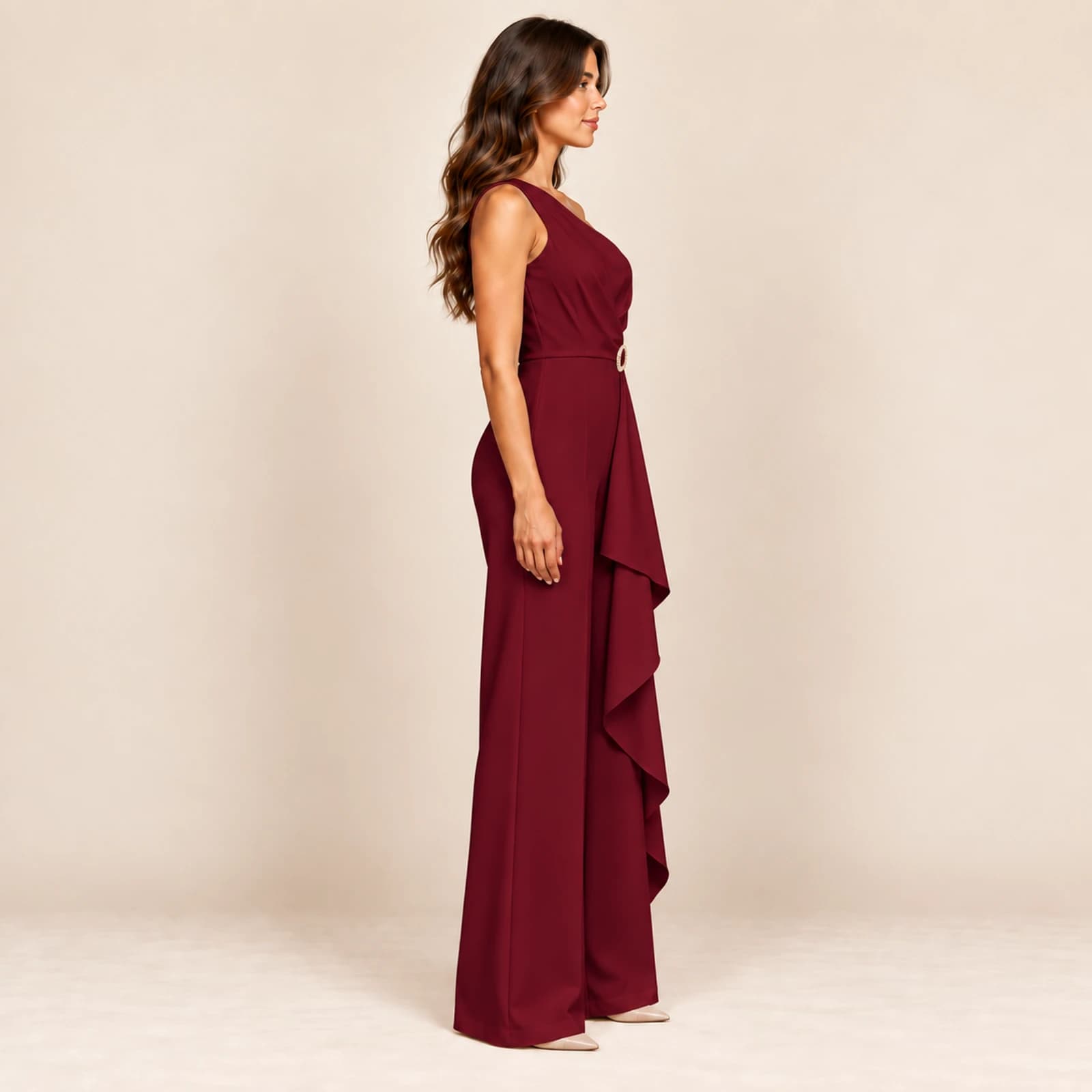 Aurelle Ruffle Jumpsuit — Burgundy, view 4