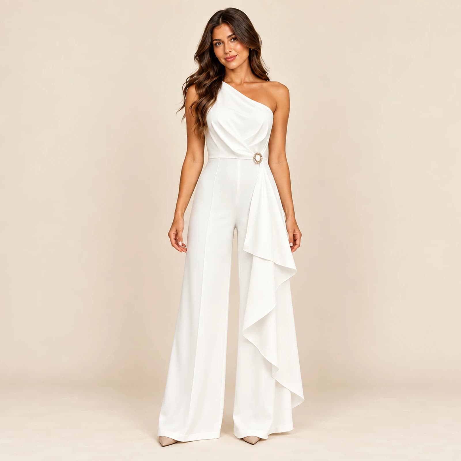 Aurelle Ruffle Jumpsuit — Ivory, view 1