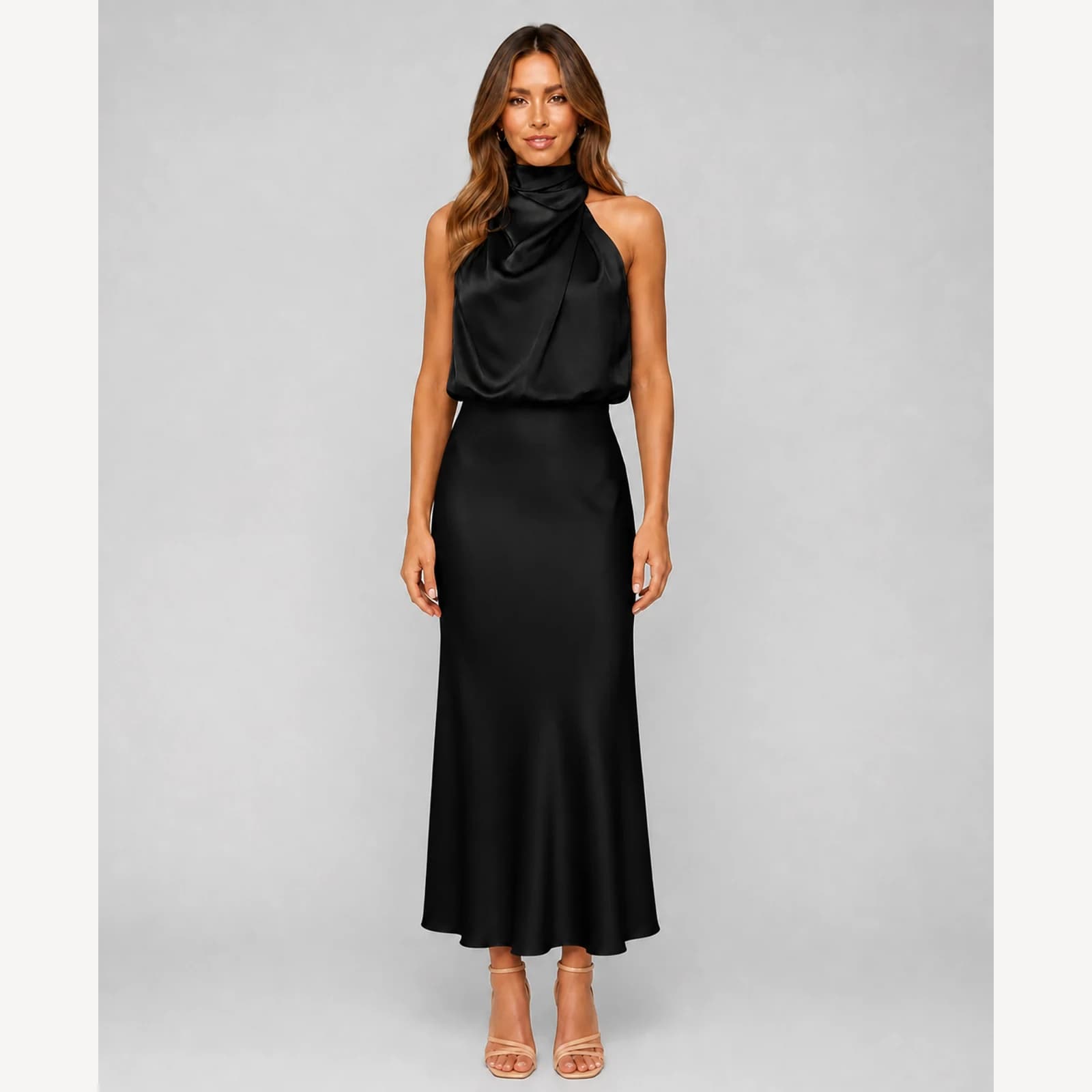 Bellamy Black Satin Midi Dress, view 1