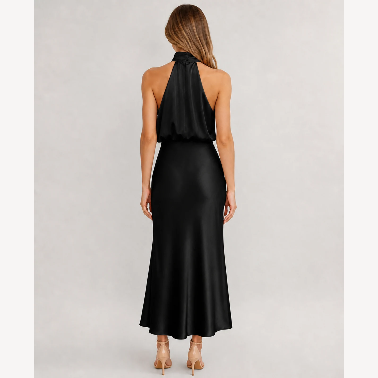 Bellamy Black Satin Midi Dress, view 2