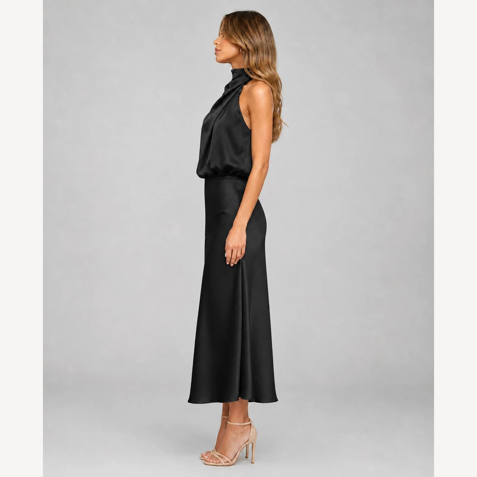 Bellamy Black Satin Midi Dress, view 3