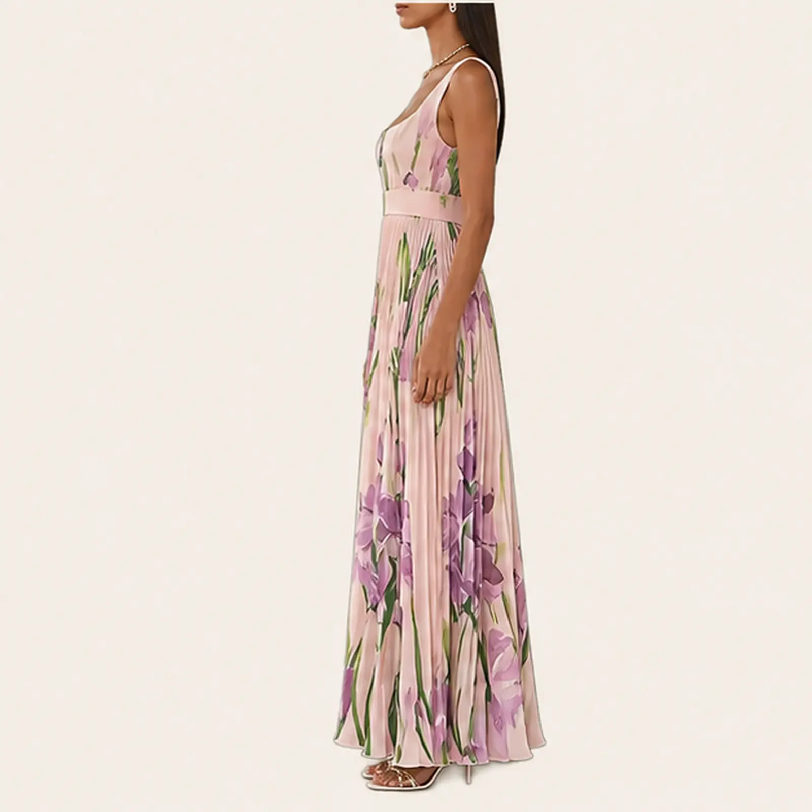 Camelia Blush Iris Pleated Maxi Dress, view 3