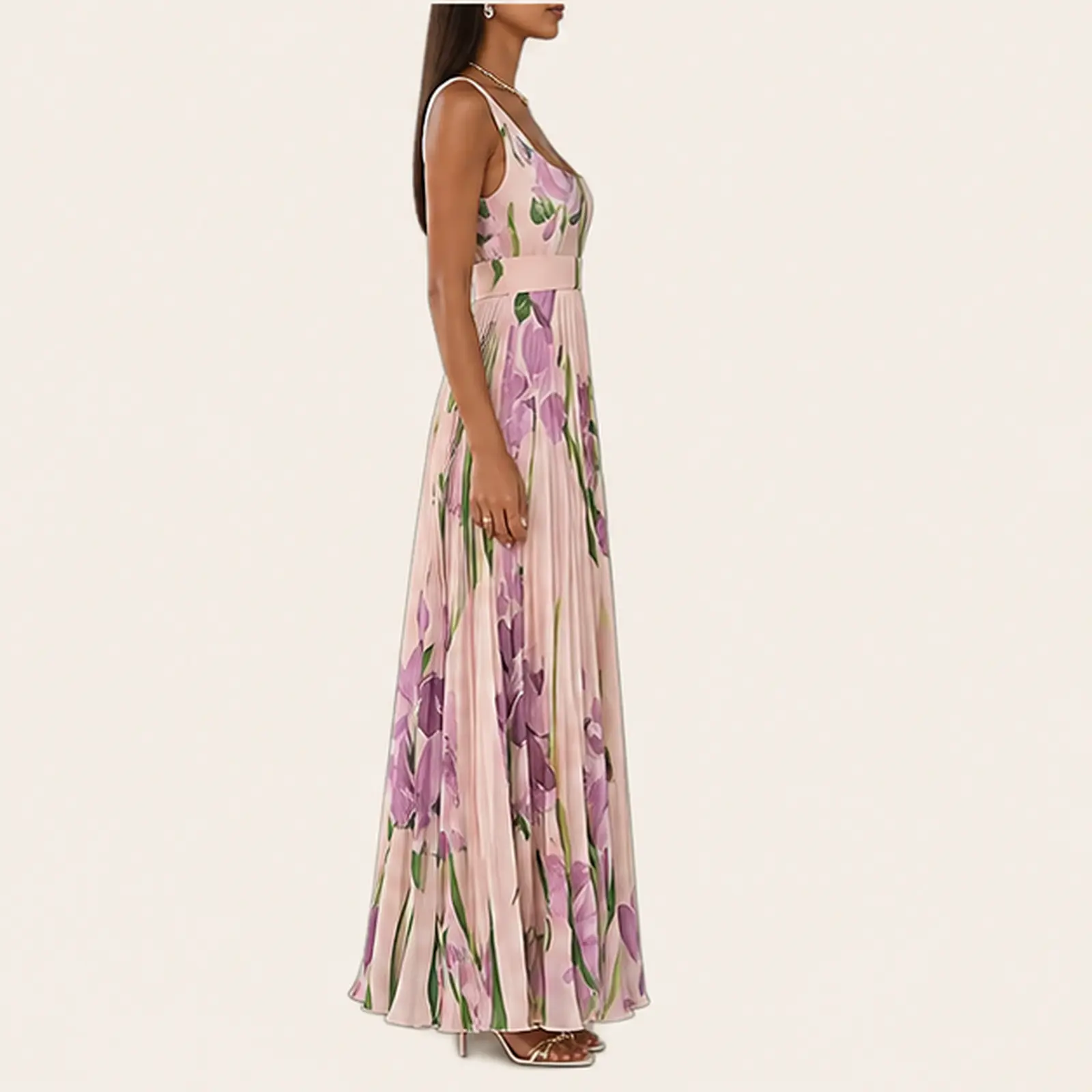 Camelia Blush Iris Pleated Maxi Dress, view 4