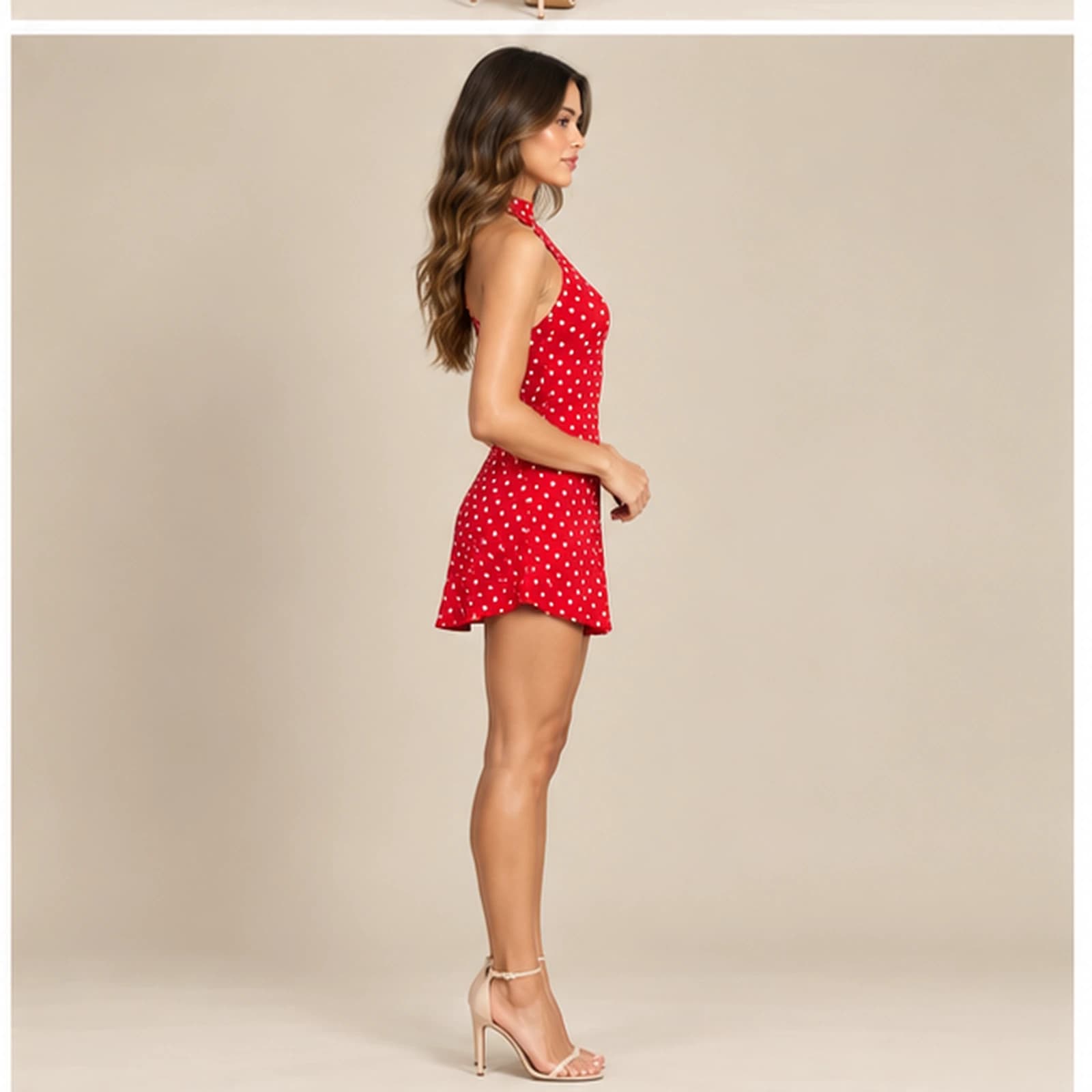 Camille Polka Dot Halter Mini Dress — Red, view 4