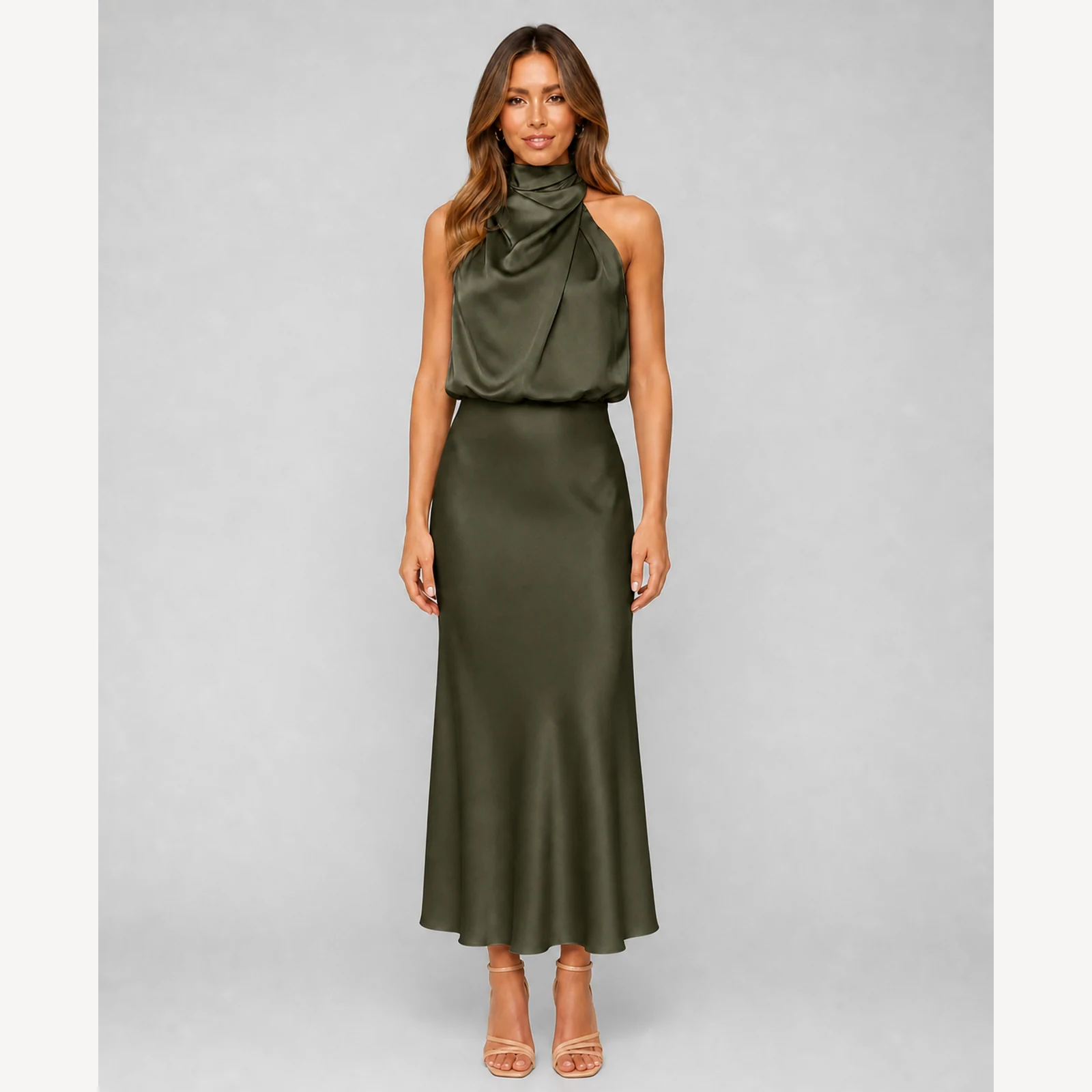 Carys Army Green Satin Midi Dress, view 1