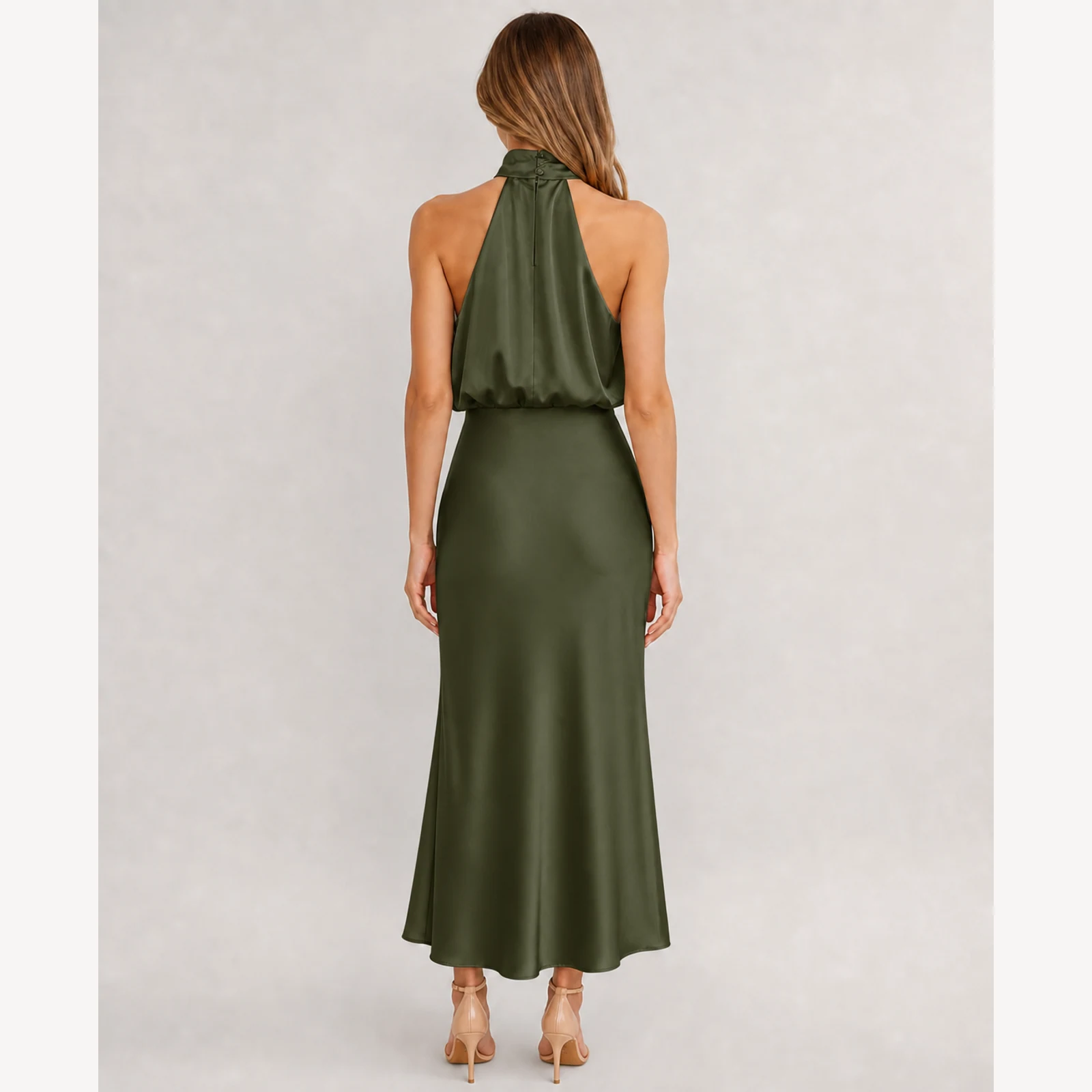 Carys Army Green Satin Midi Dress, view 2