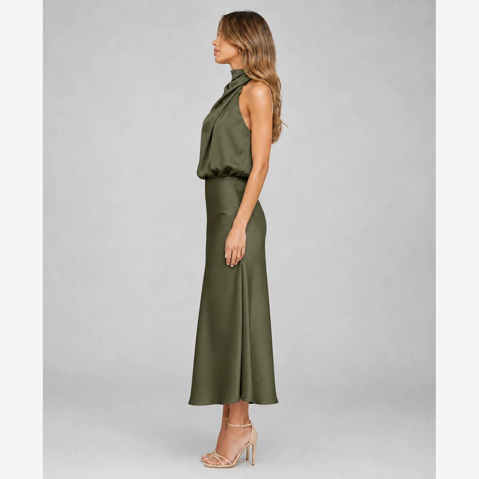 Carys Army Green Satin Midi Dress, view 3