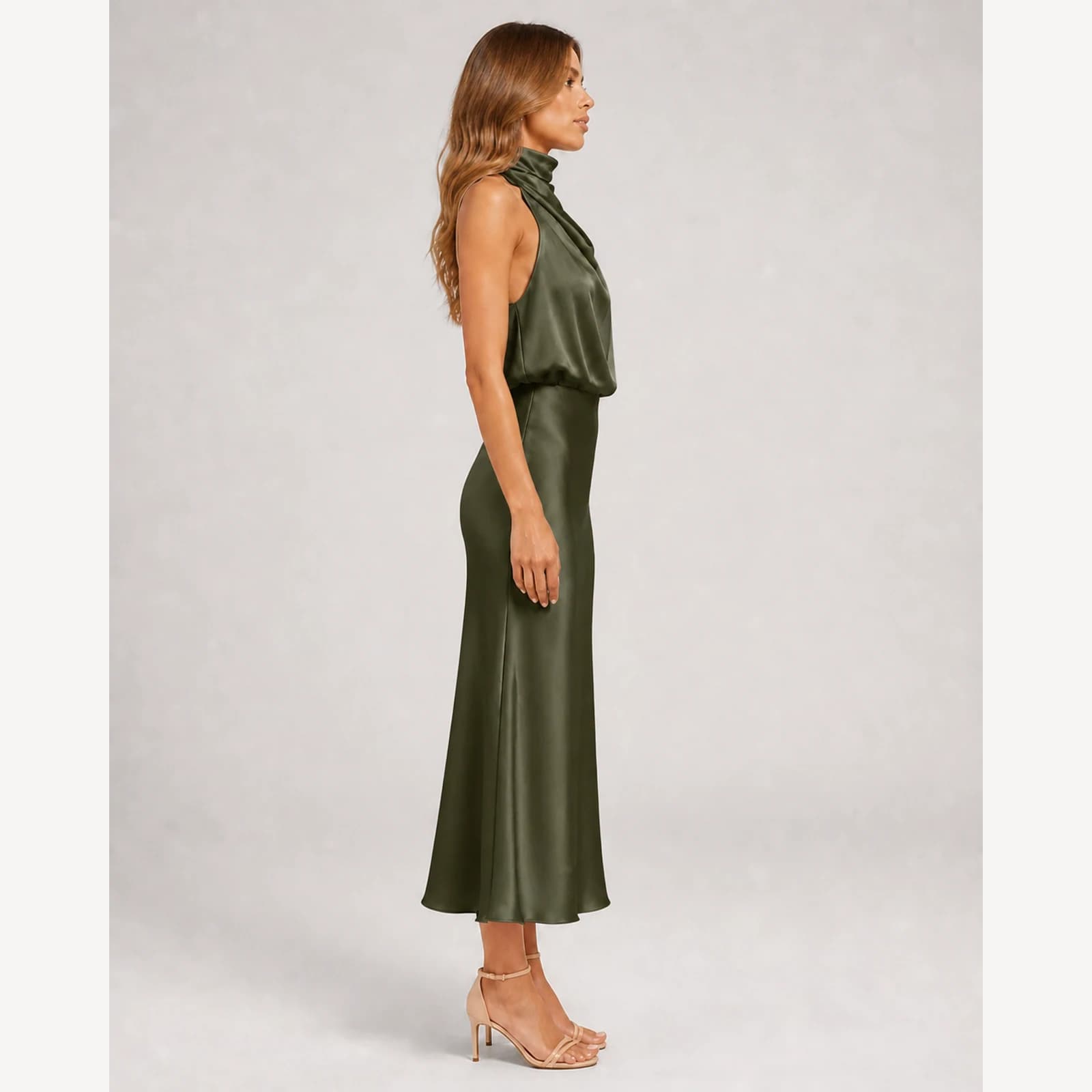 Carys Army Green Satin Midi Dress, view 4