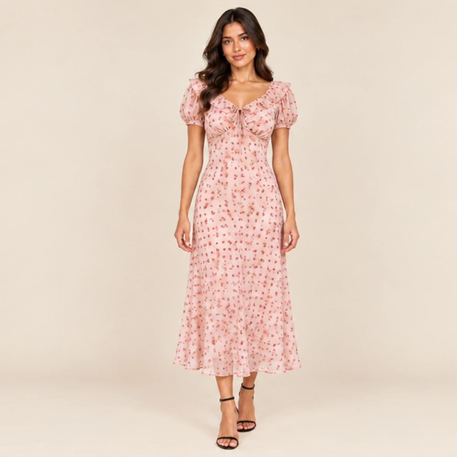 Celeste Ditsy Floral Midi Dress — Peach, view 1