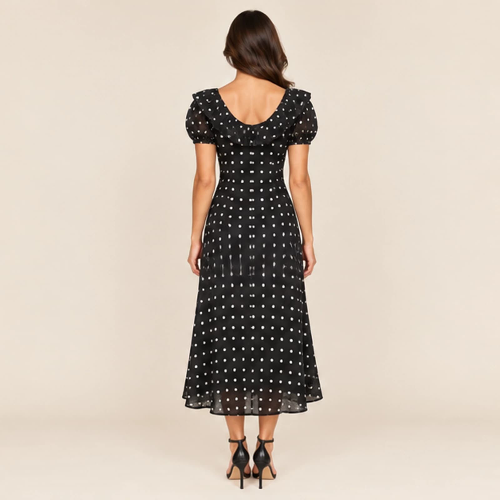Celeste Polka Dot Midi Dress — Black, view 2
