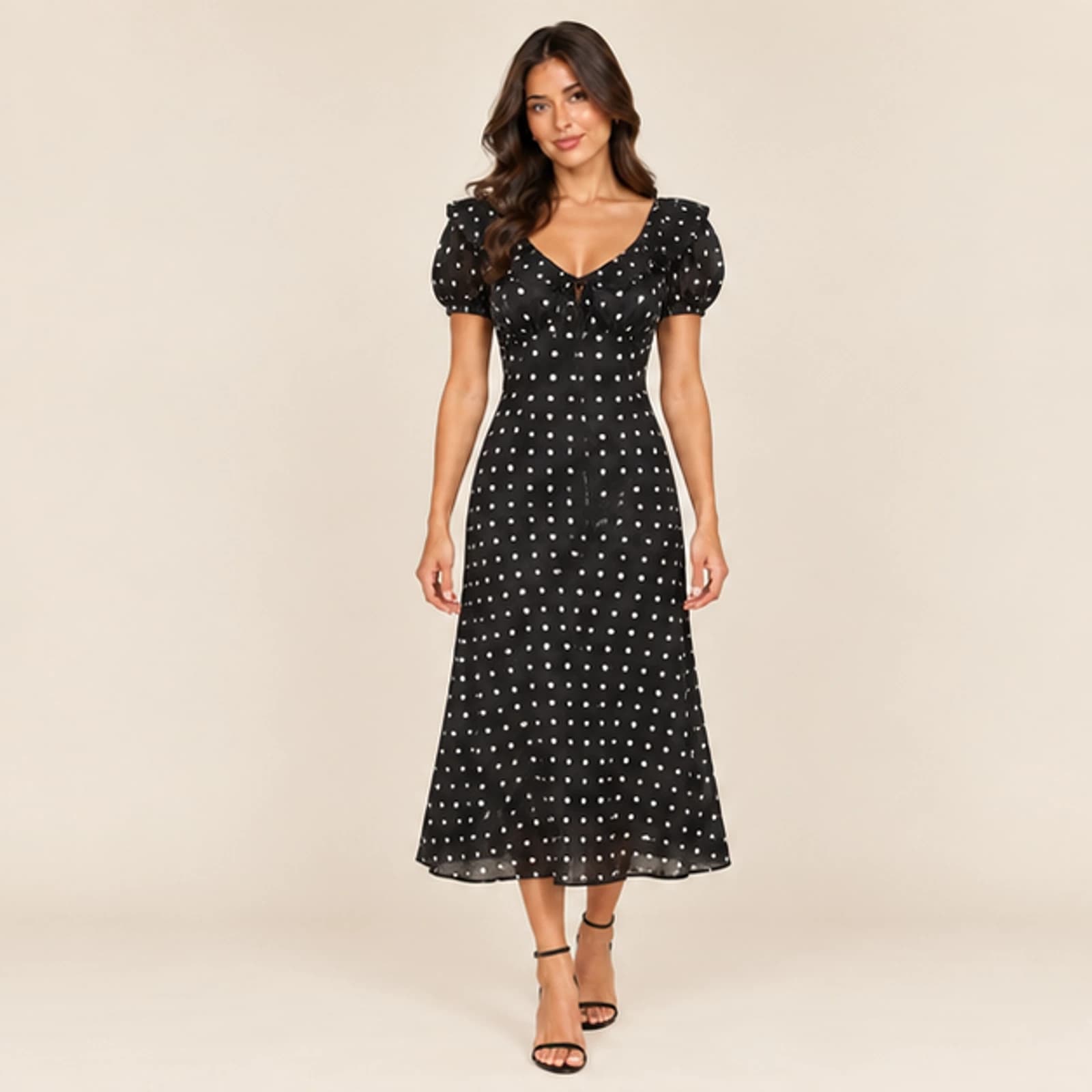 Celeste Polka Dot Midi Dress — Black, view 1
