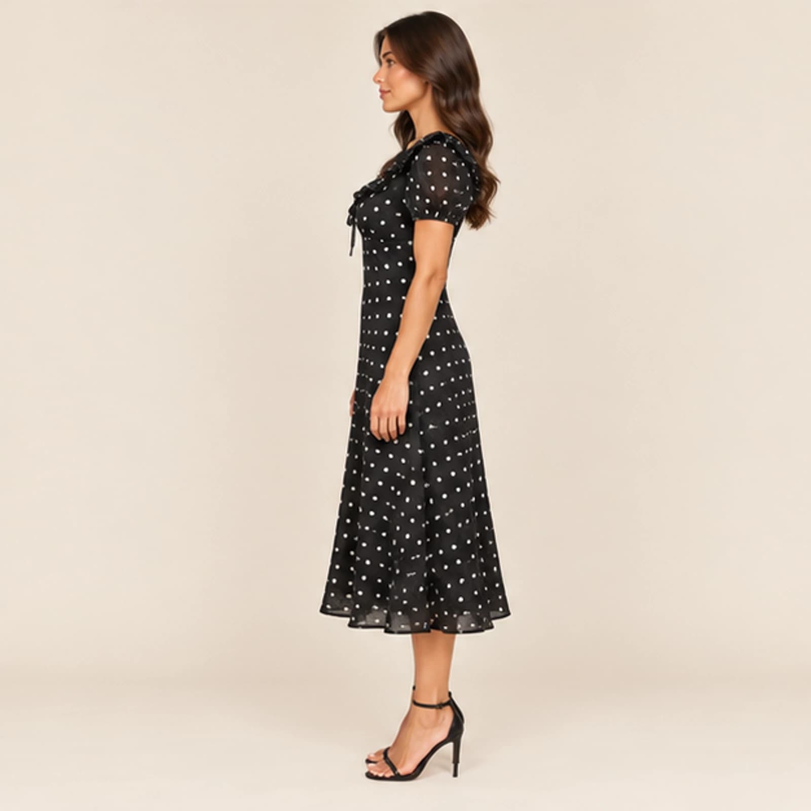 Celeste Polka Dot Midi Dress — Black, view 3