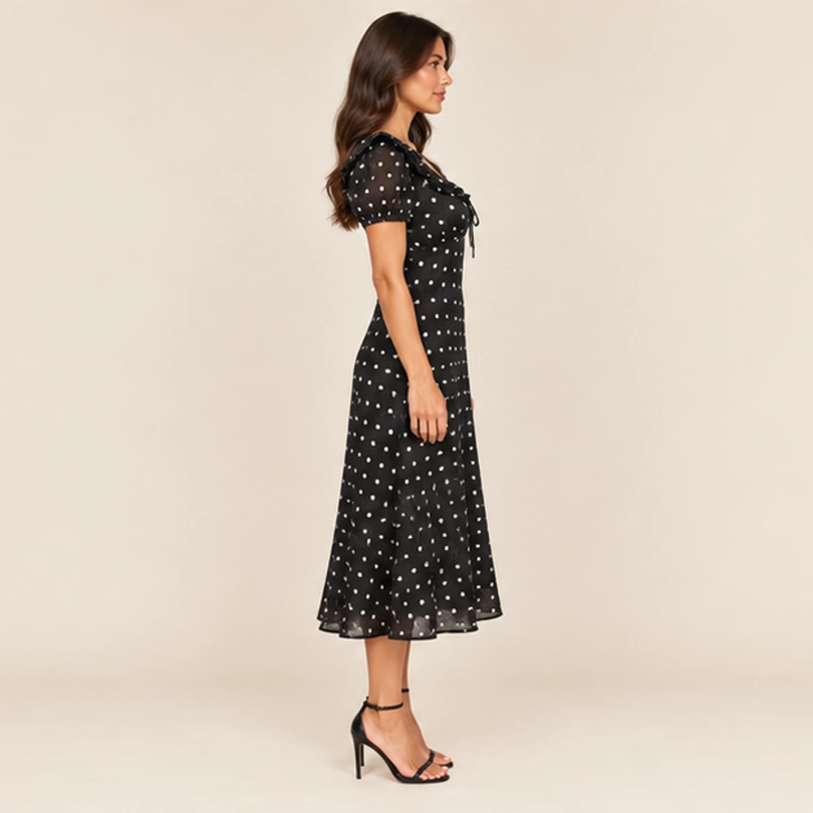 Celeste Polka Dot Midi Dress — Black, view 4