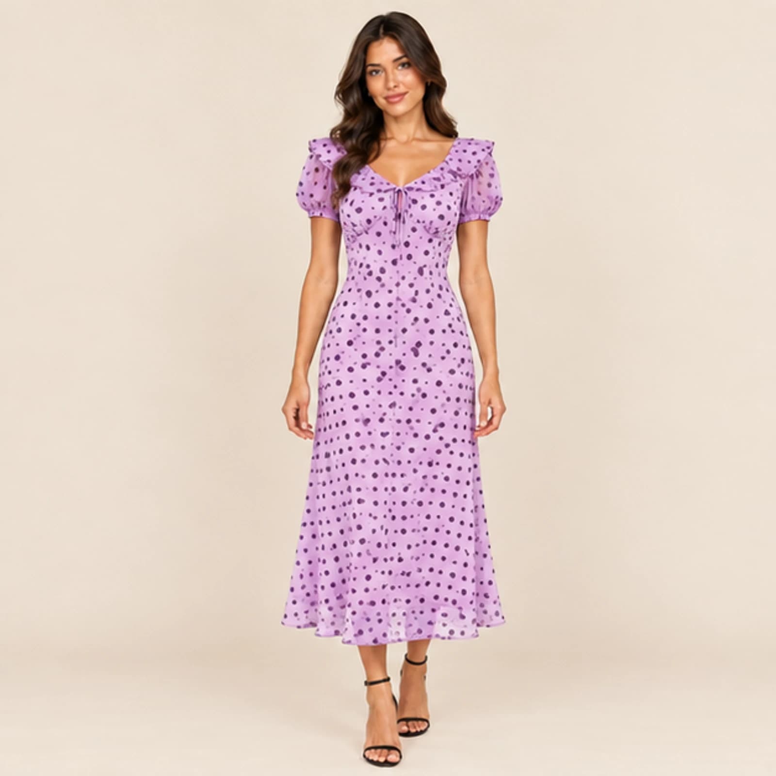 Celeste Polka Dot Midi Dress — Lilac, view 1
