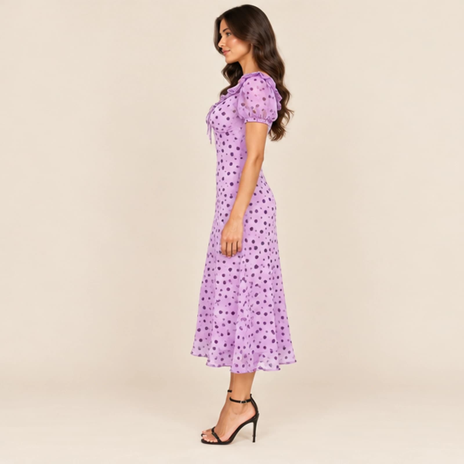 Celeste Polka Dot Midi Dress — Lilac, view 3