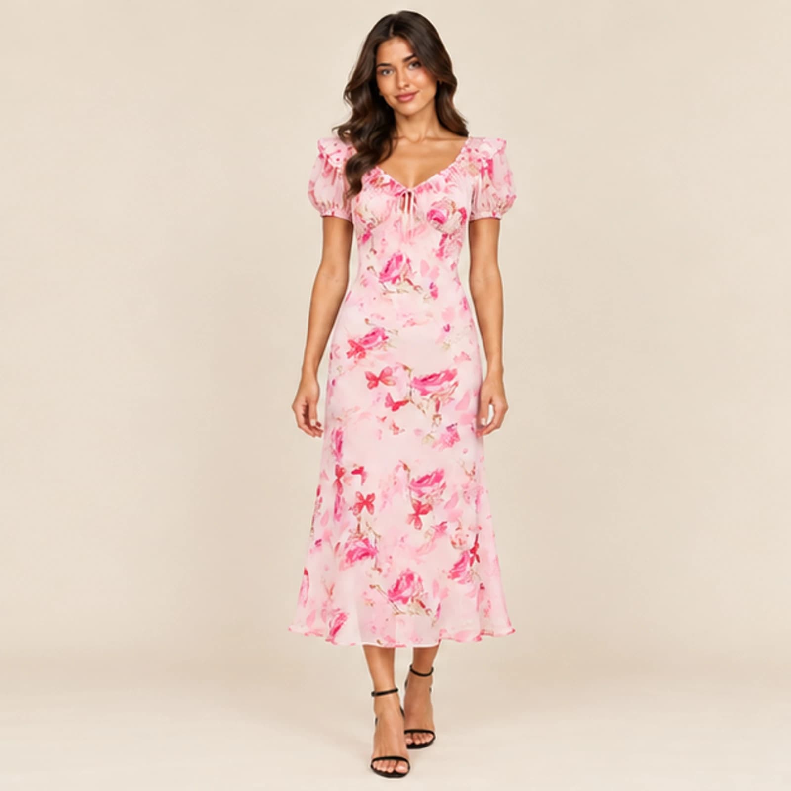 Celeste Rose Print Midi Dress — Pink, view 1