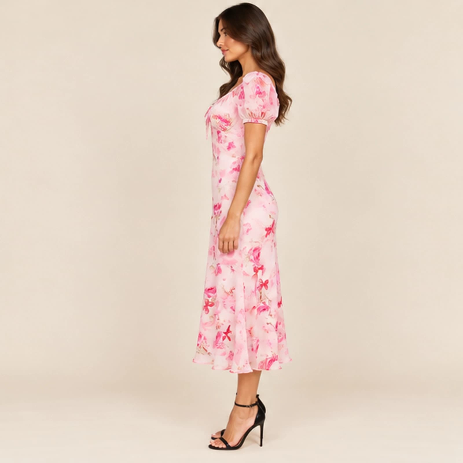 Celeste Rose Print Midi Dress — Pink, view 3