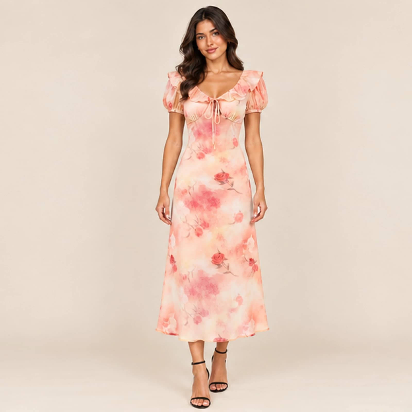 Celeste Watercolor Floral Midi Dress — Peach, view 1