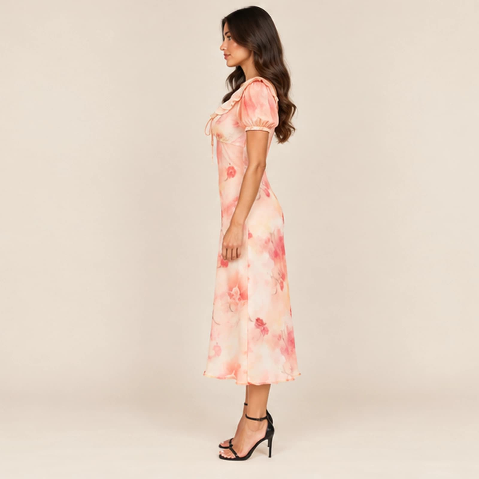 Celeste Watercolor Floral Midi Dress — Peach, view 3