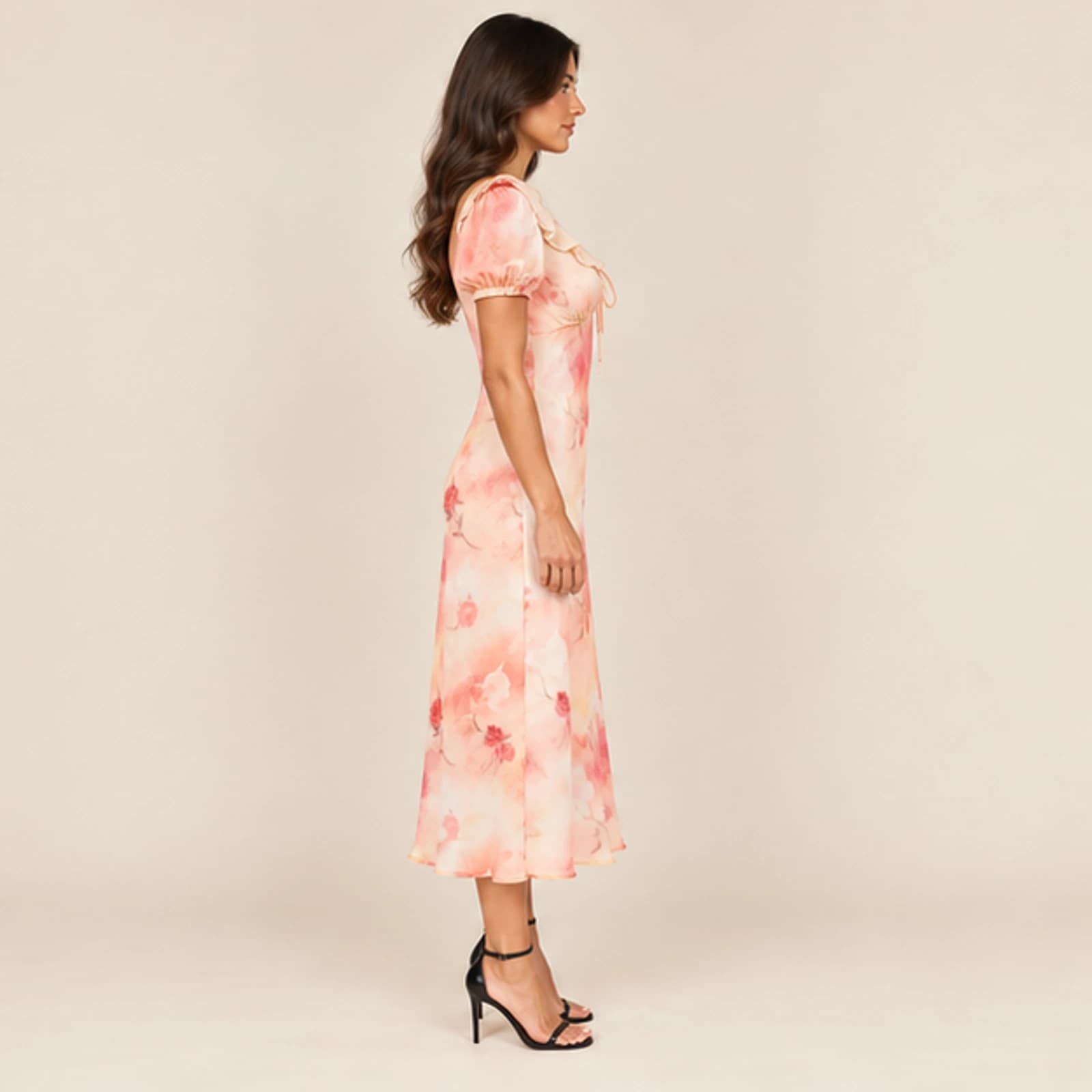 Celeste Watercolor Floral Midi Dress — Peach, view 4