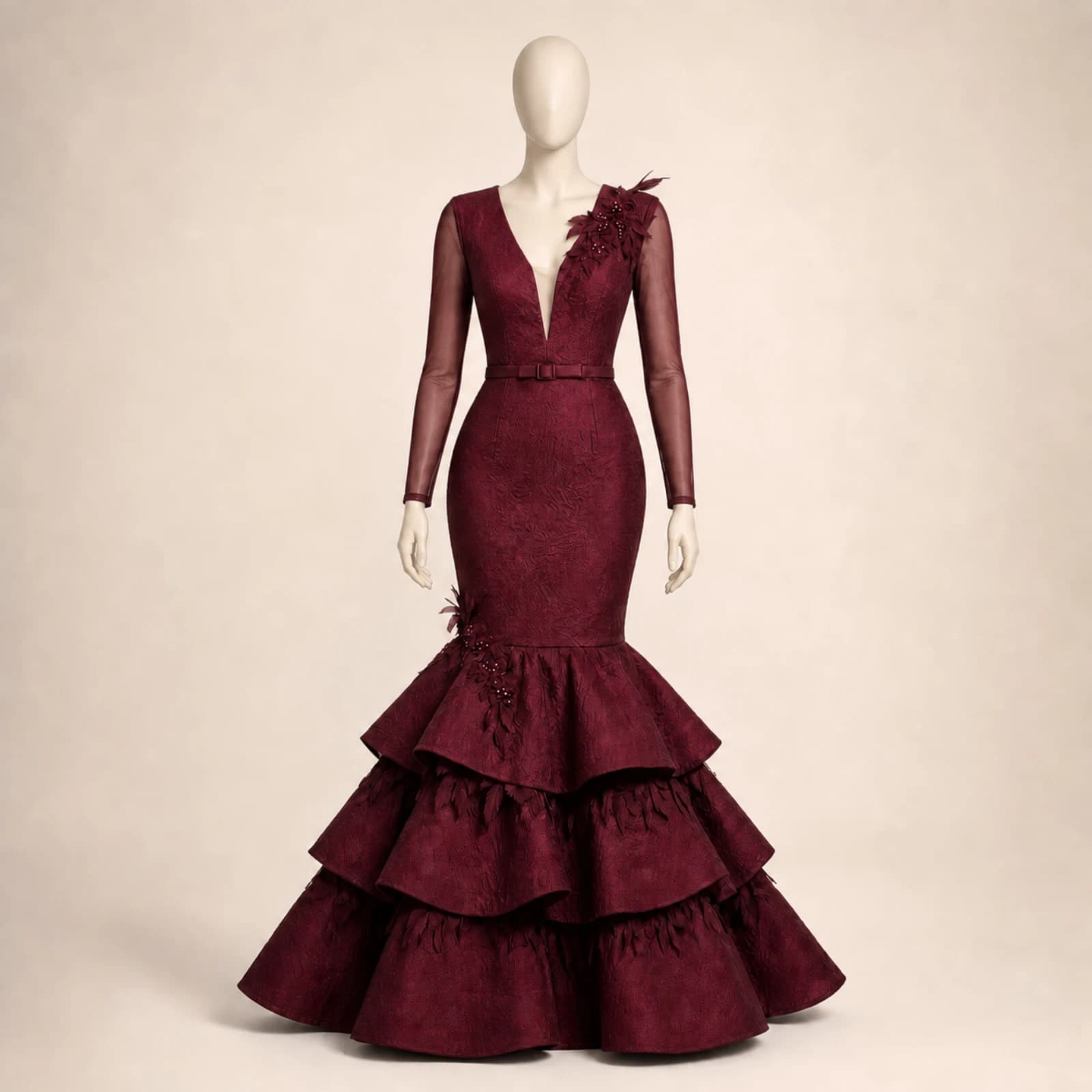 Cordelia Burgundy Tiered Mermaid Gown, view 1