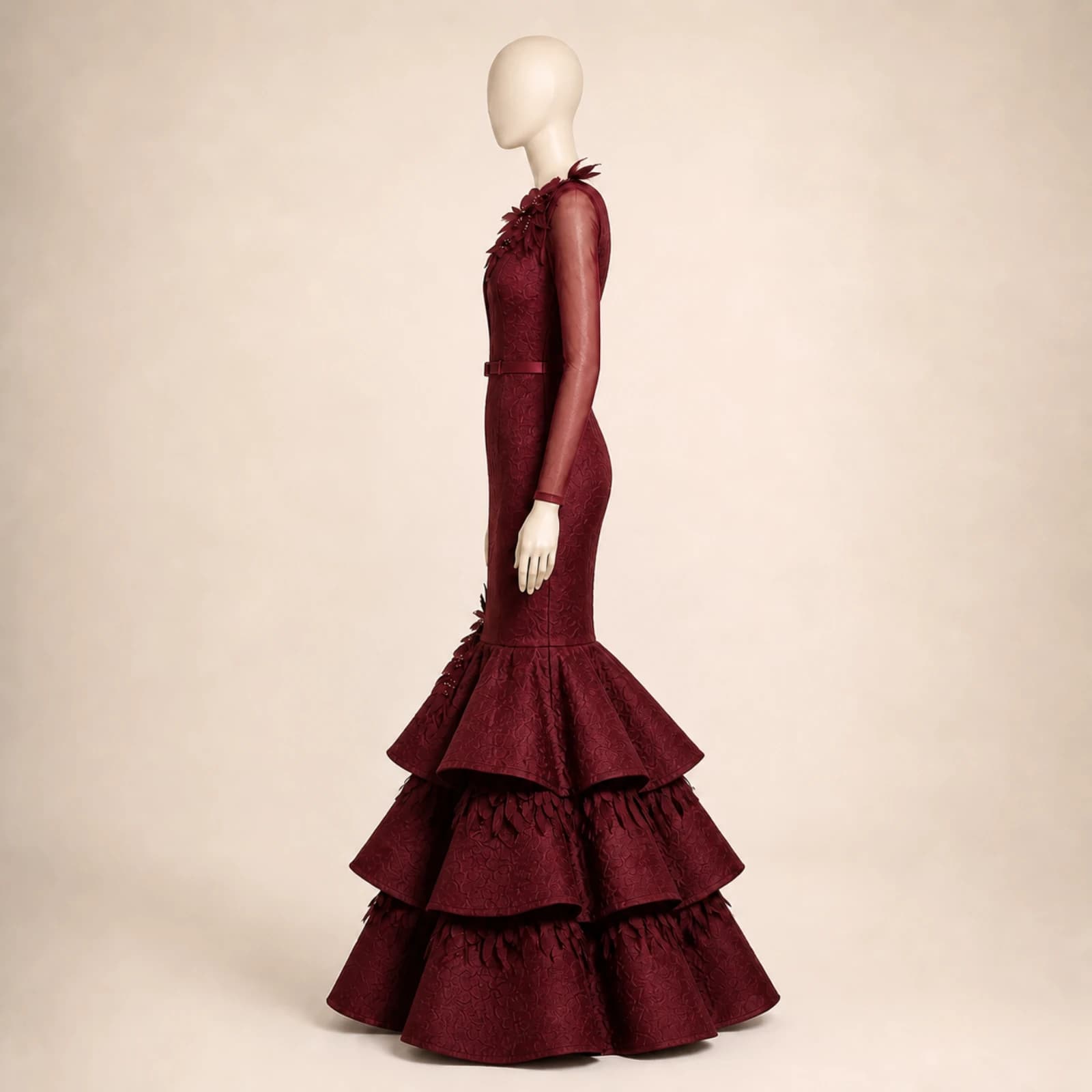 Cordelia Burgundy Tiered Mermaid Gown, view 3