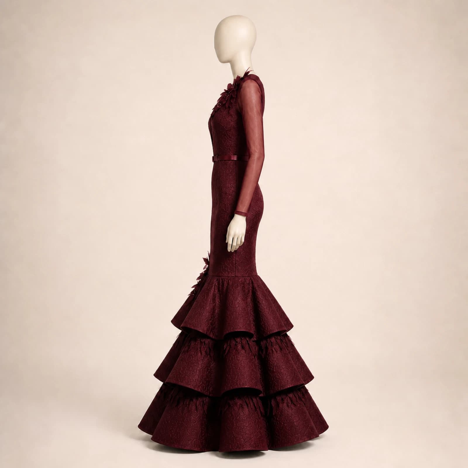 Cordelia Burgundy Tiered Mermaid Gown, view 4