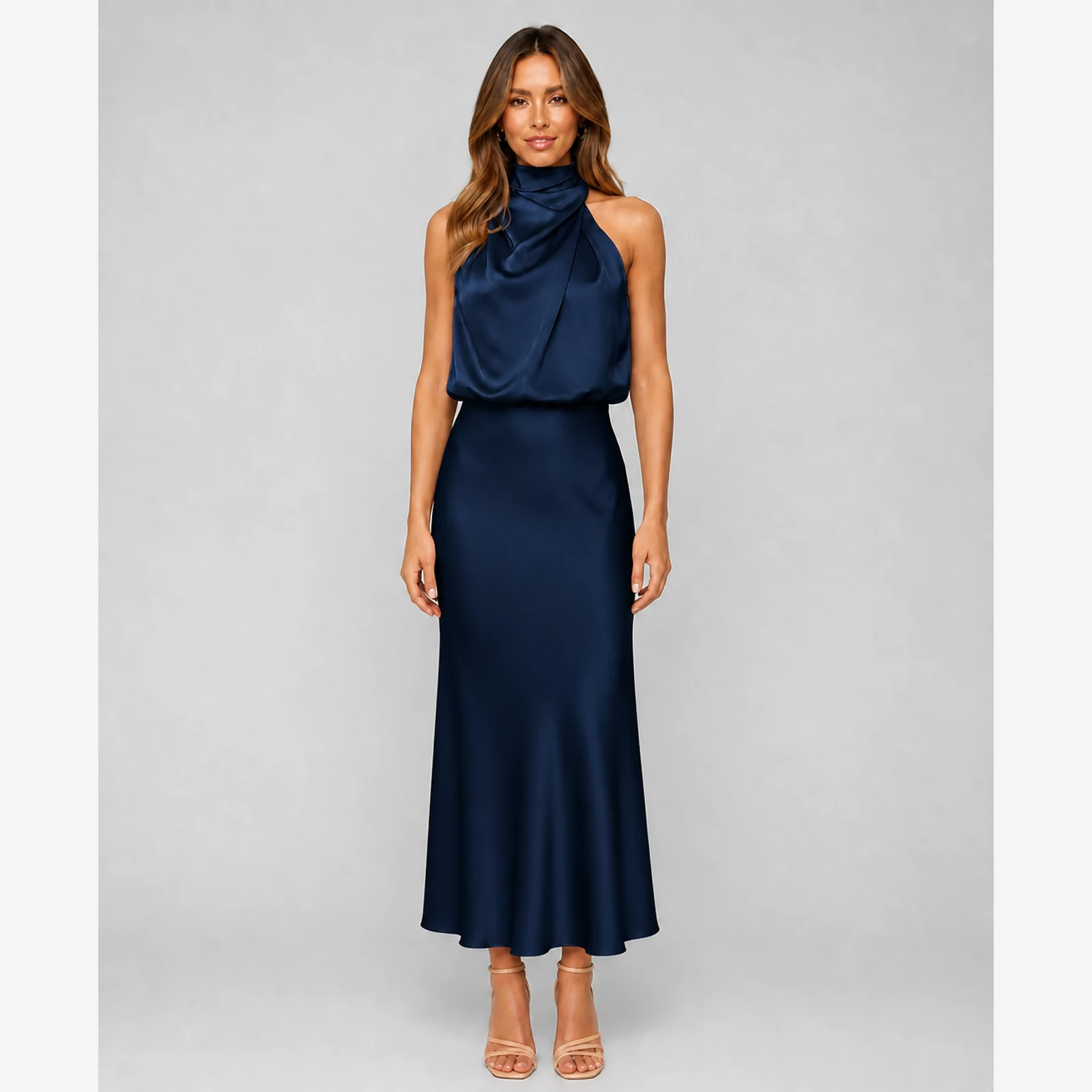 Davina Navy Satin Midi Dress, view 1