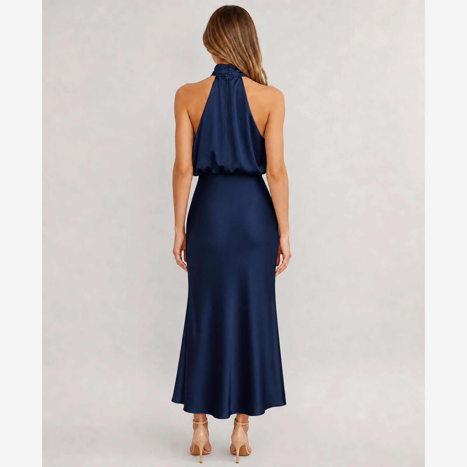 Davina Navy Satin Midi Dress, view 2