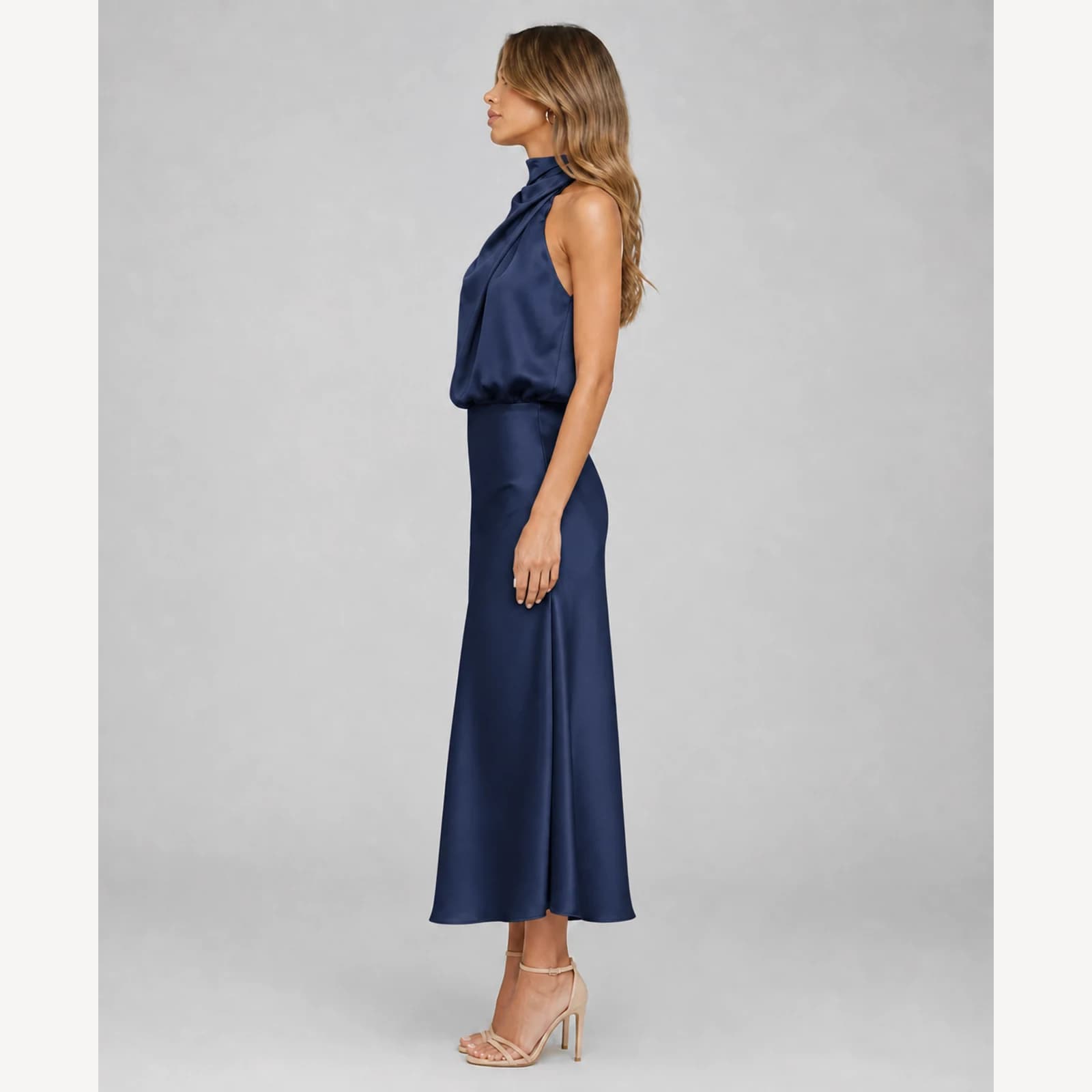 Davina Navy Satin Midi Dress, view 3