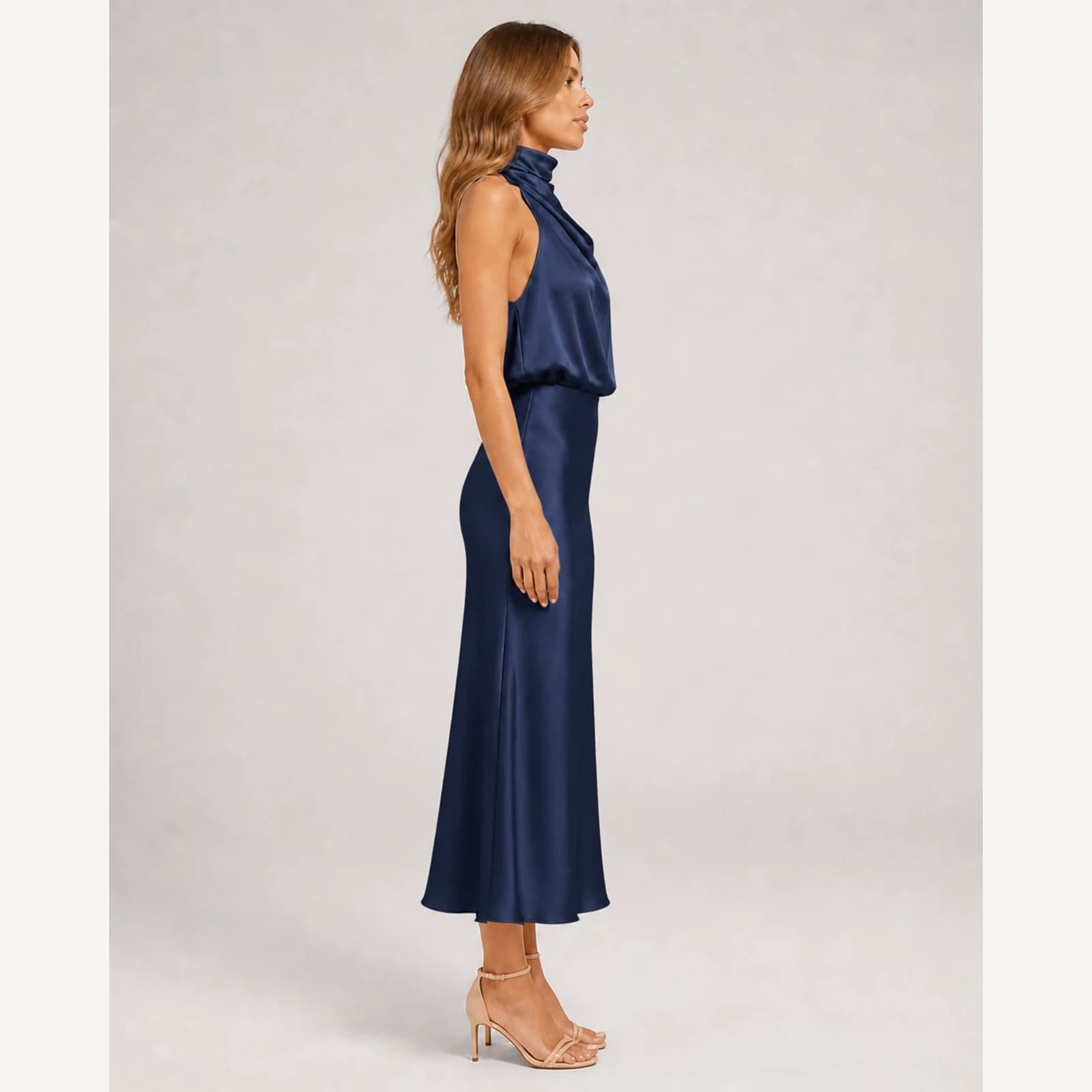 Davina Navy Satin Midi Dress, view 4