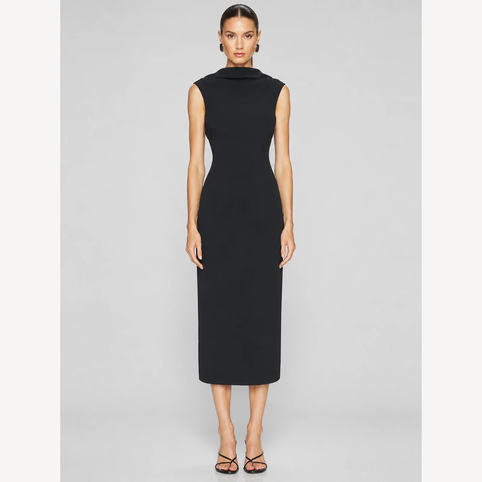 Desirae Black Draped Midi Dress, view 1