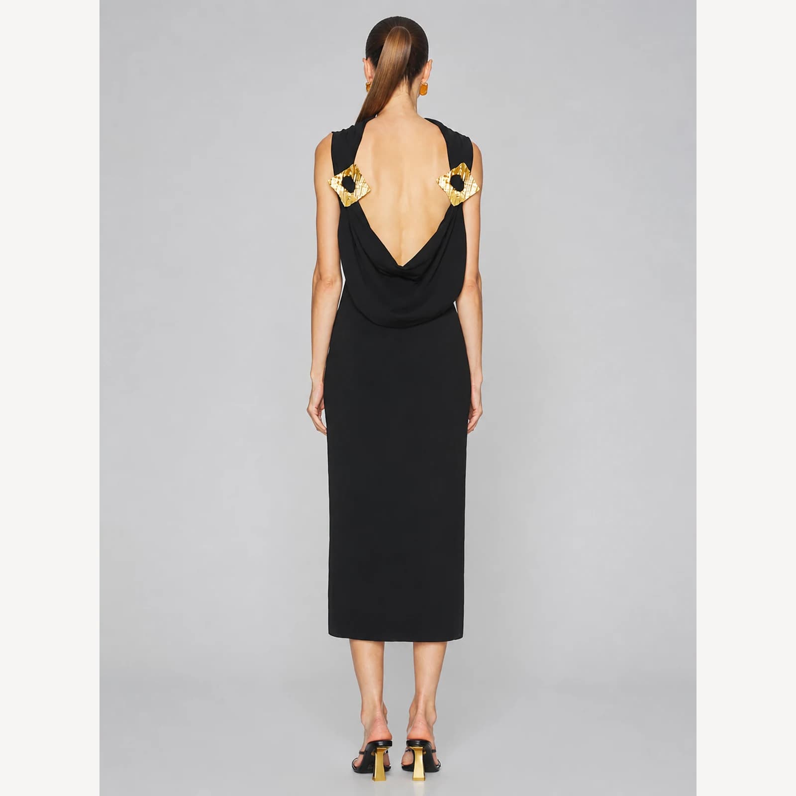 Desirae Black Draped Midi Dress, view 2