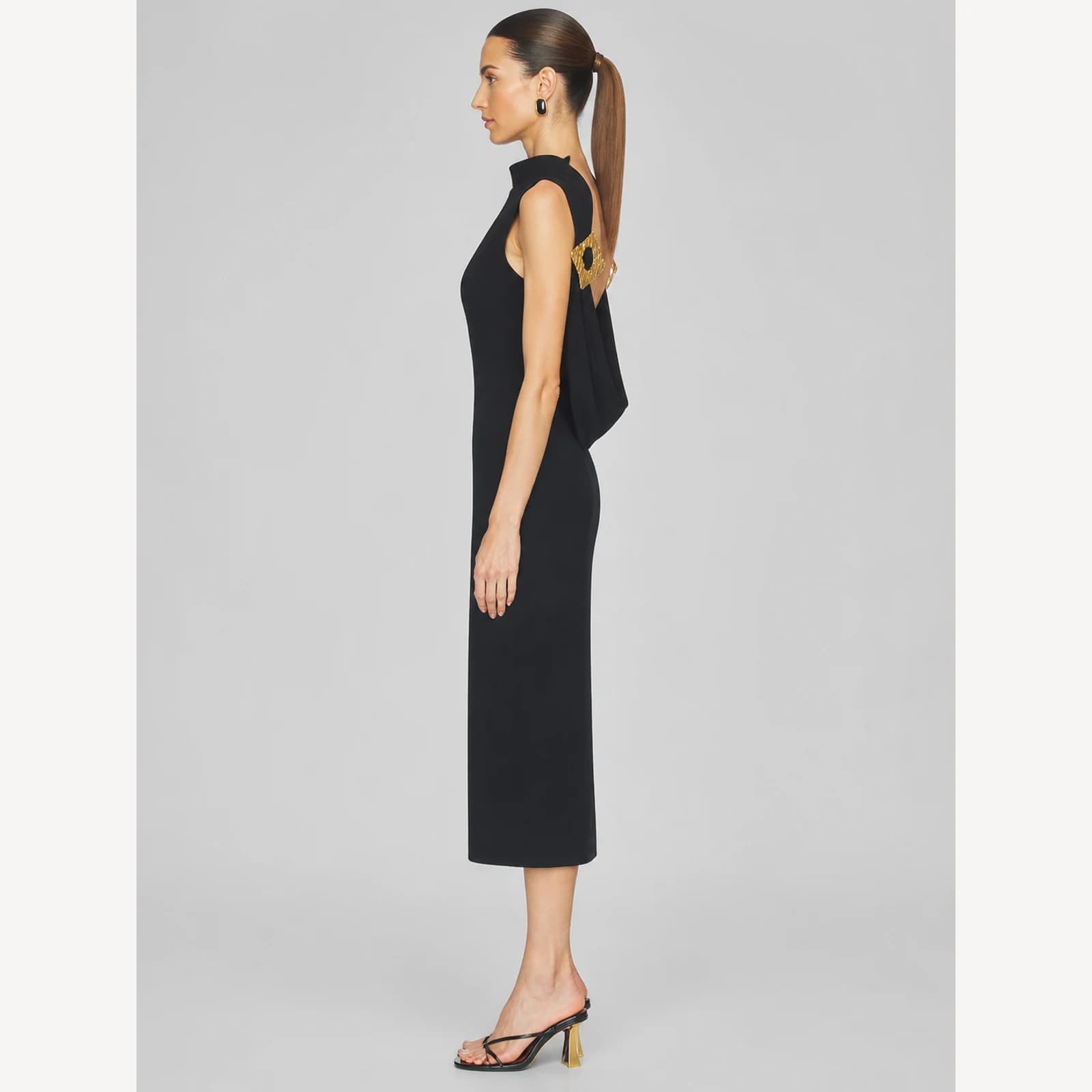 Desirae Black Draped Midi Dress, view 3