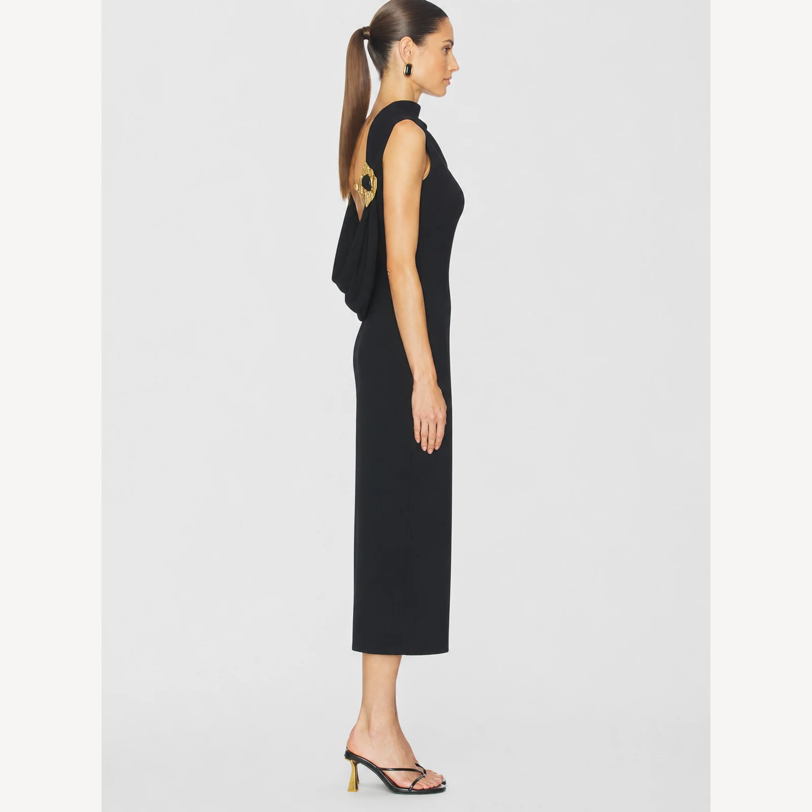 Desirae Black Draped Midi Dress, view 4