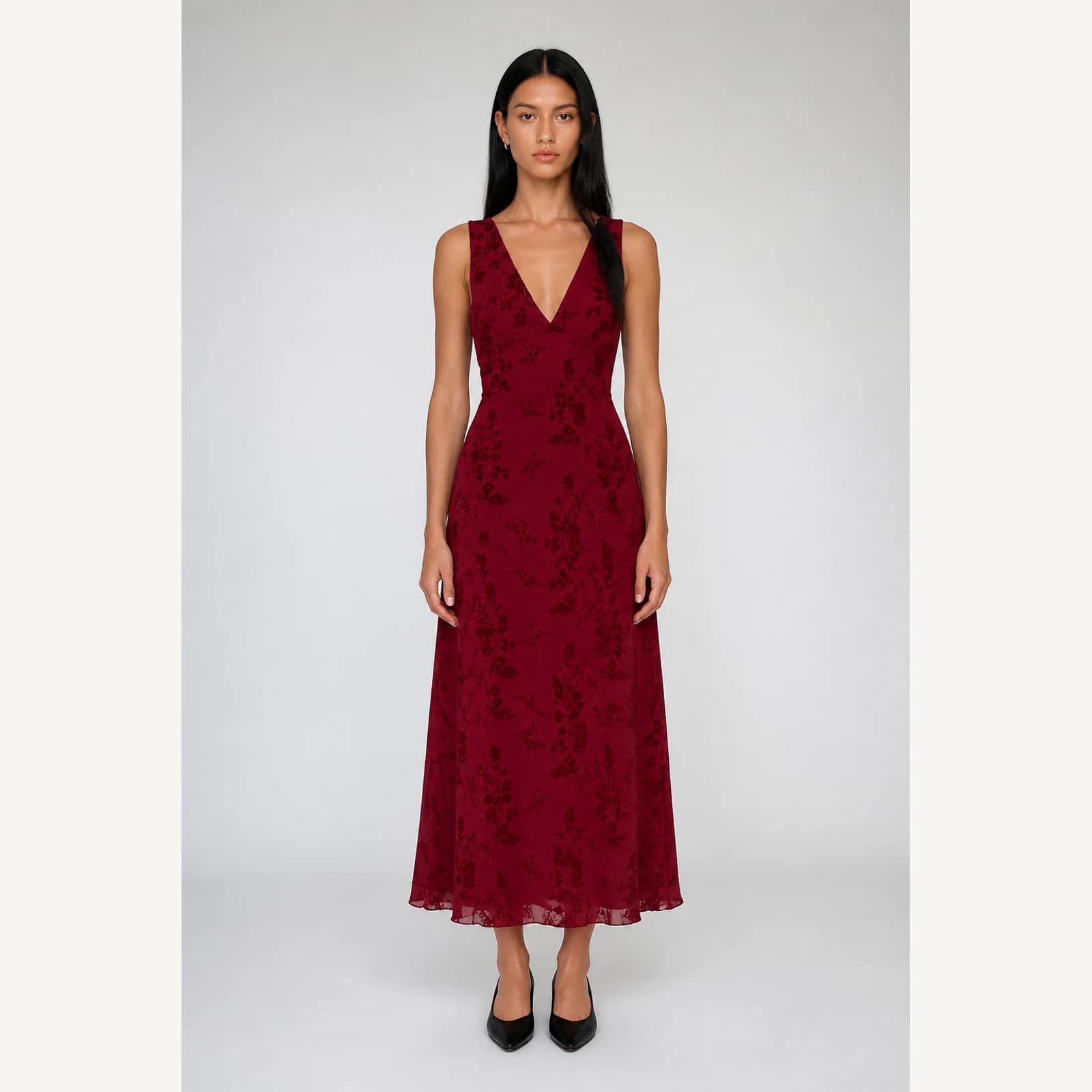 Elara Claret Print Maxi Dress, view 1
