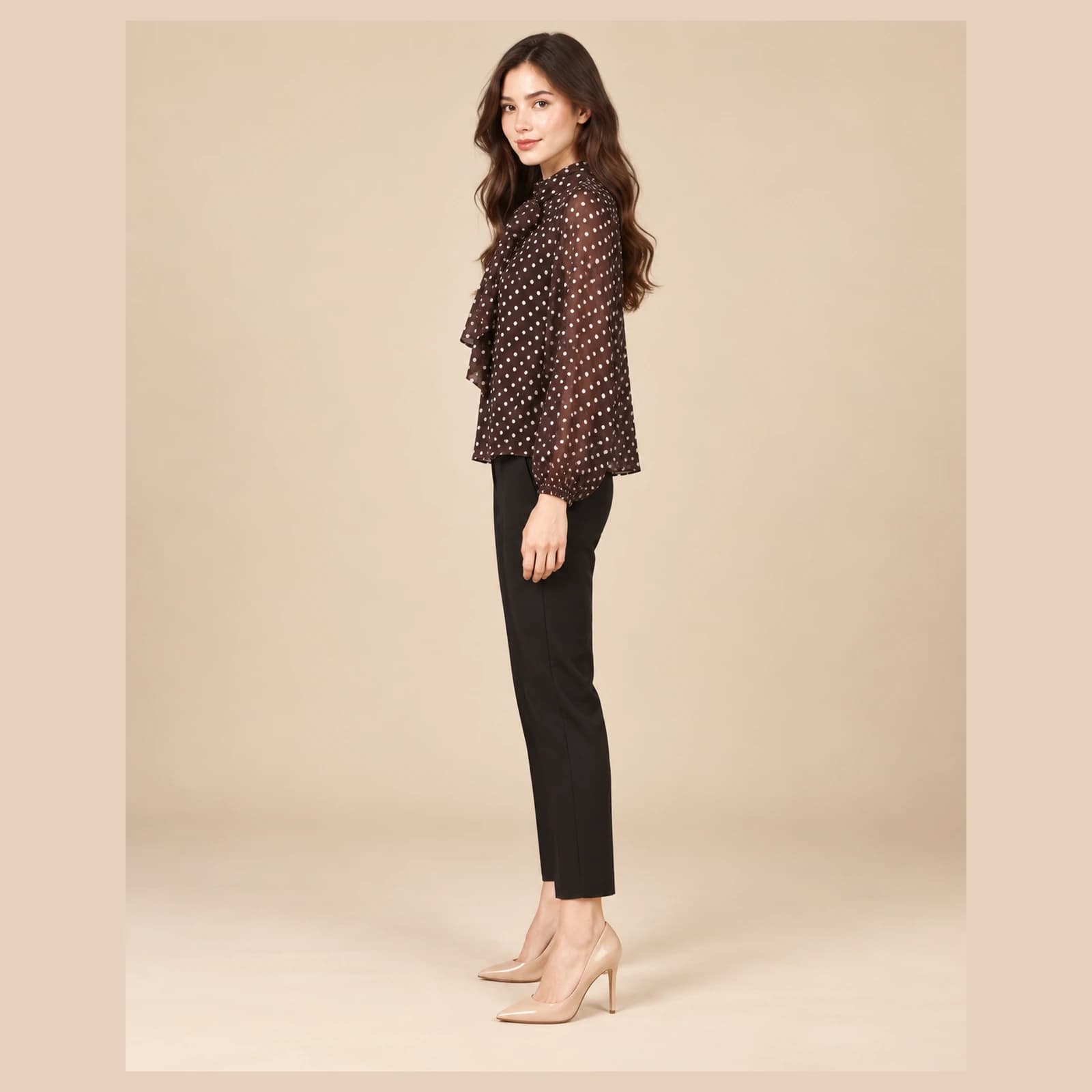 Eloise Bow Polka Dot Blouse — Coffee, view 4