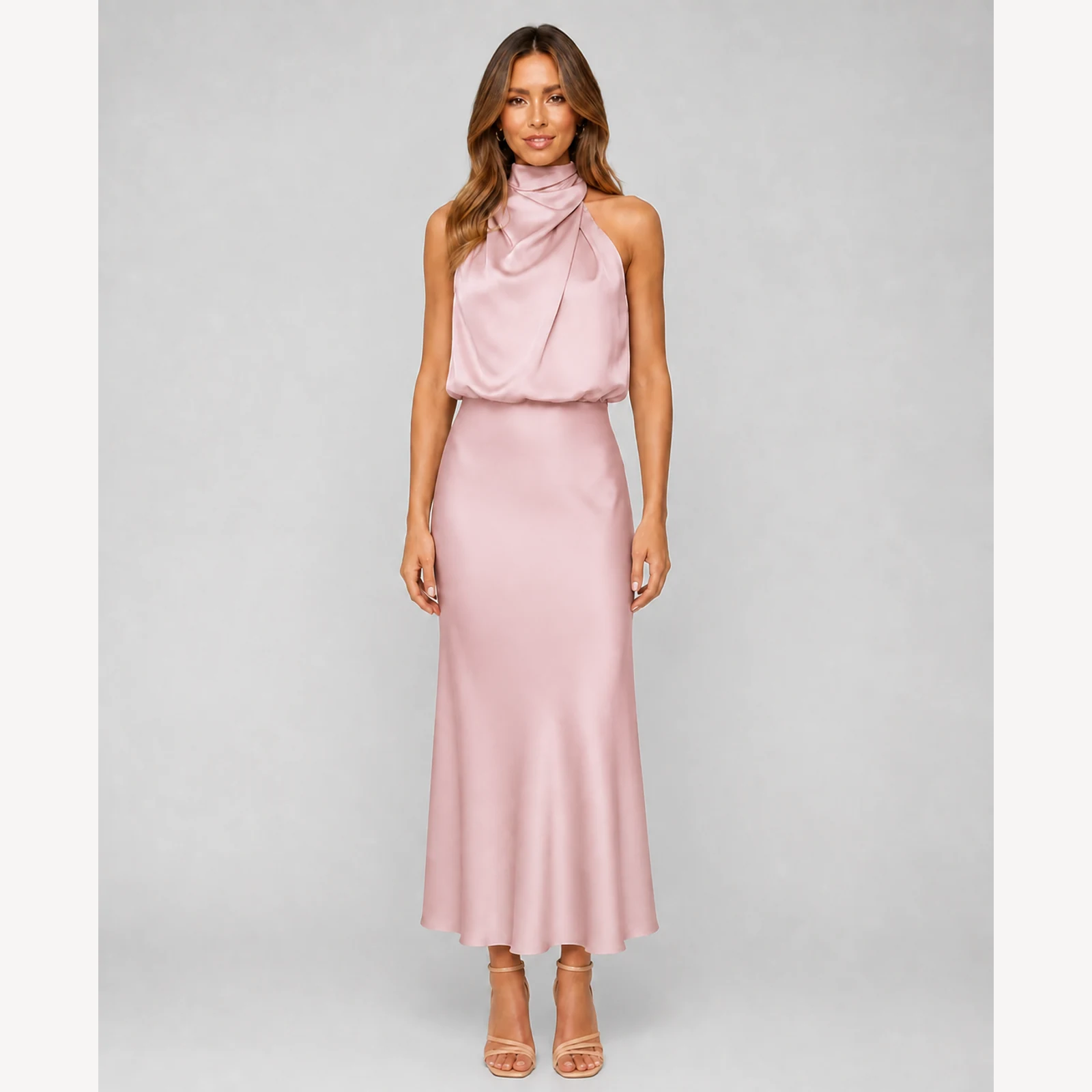 Elowen Pink Satin Midi Dress, view 1