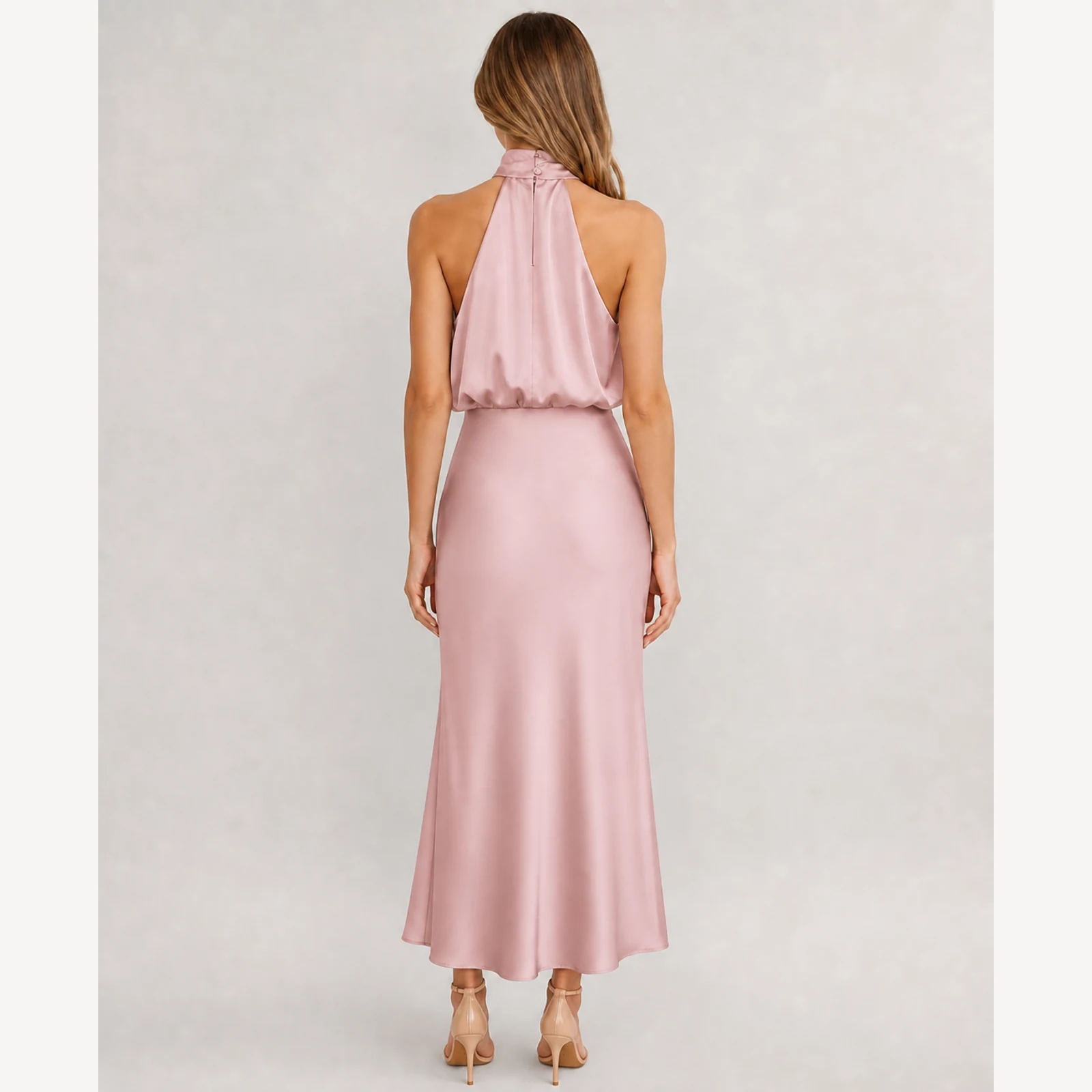 Elowen Pink Satin Midi Dress, view 2